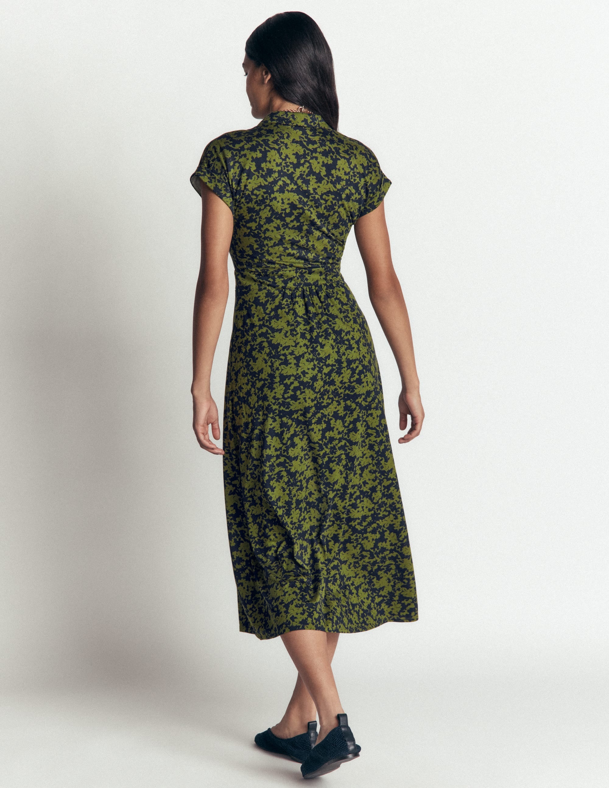 Fae Jersey Shirt Dress-Forest Green, Sprayed Leaf - Image 3