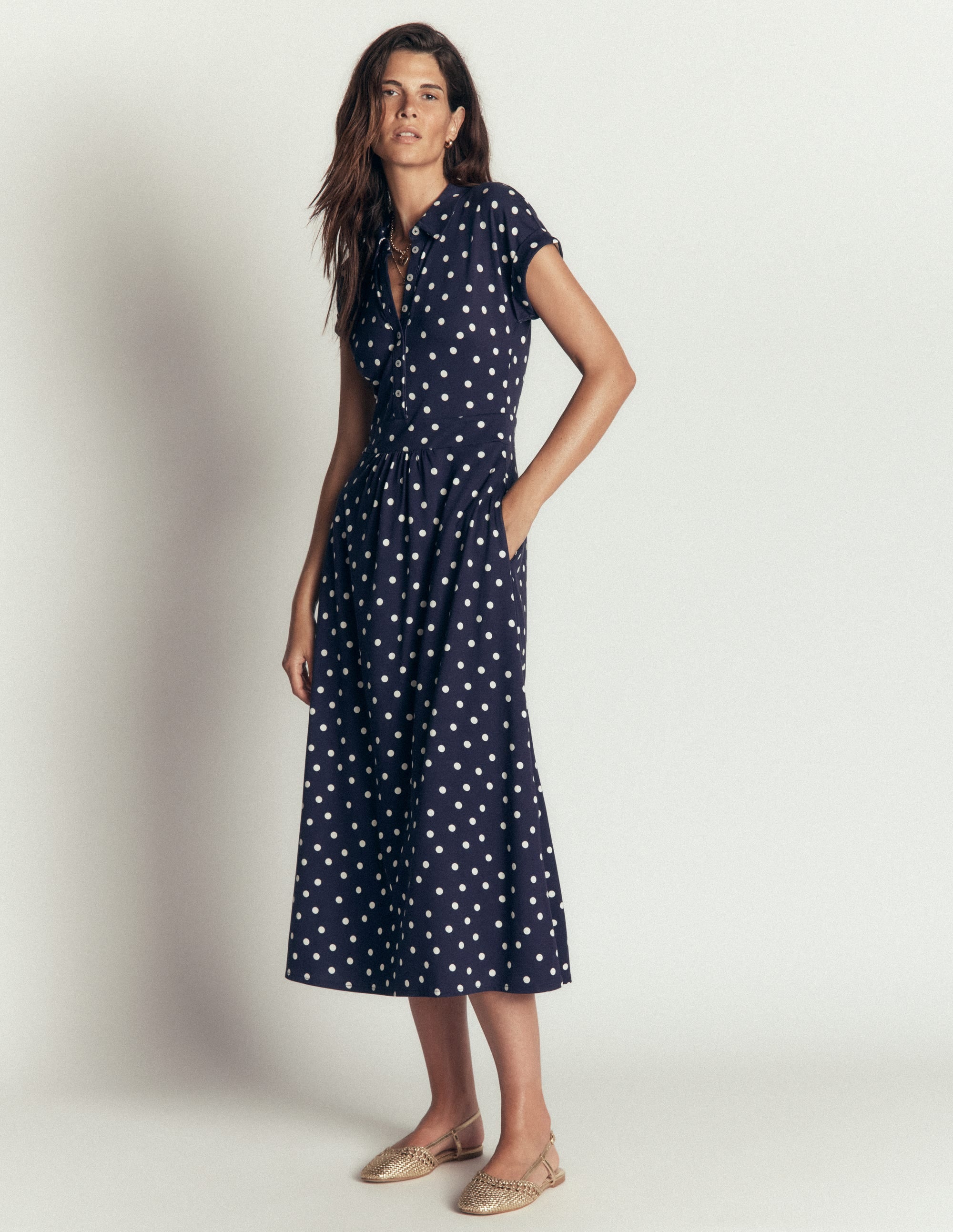 Fae Jersey Shirt Dress-Navy, Painted Dot Spaced - Image 1