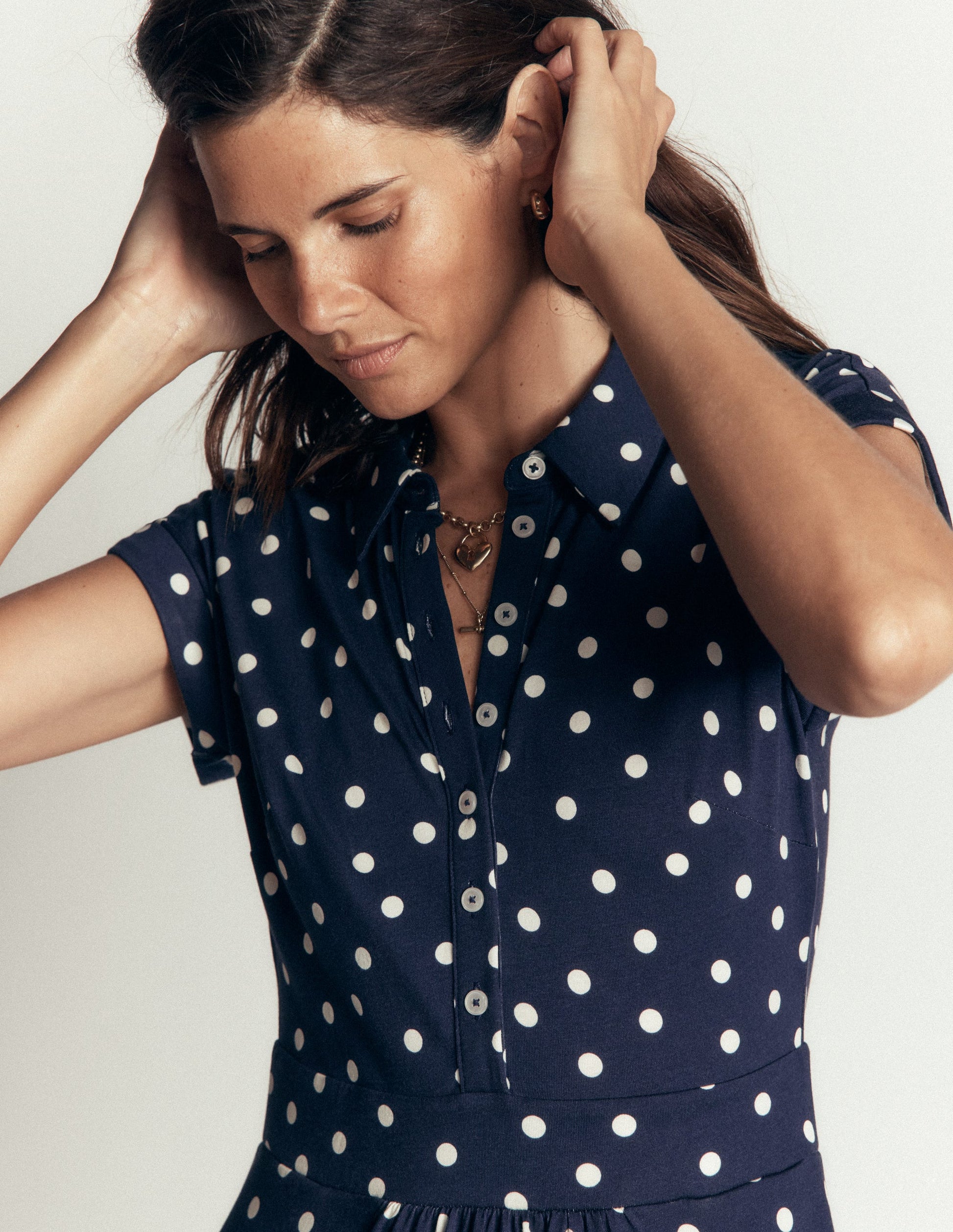 Fae Jersey Shirt Dress-Navy, Painted Dot Spaced-2