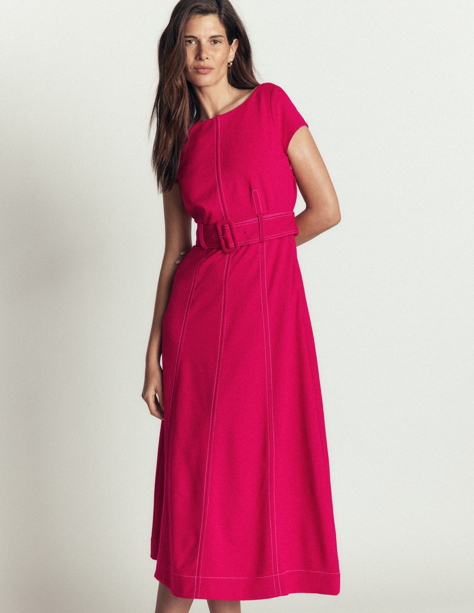 Topstitch Ponte Midi Dress-Pomegranate-1