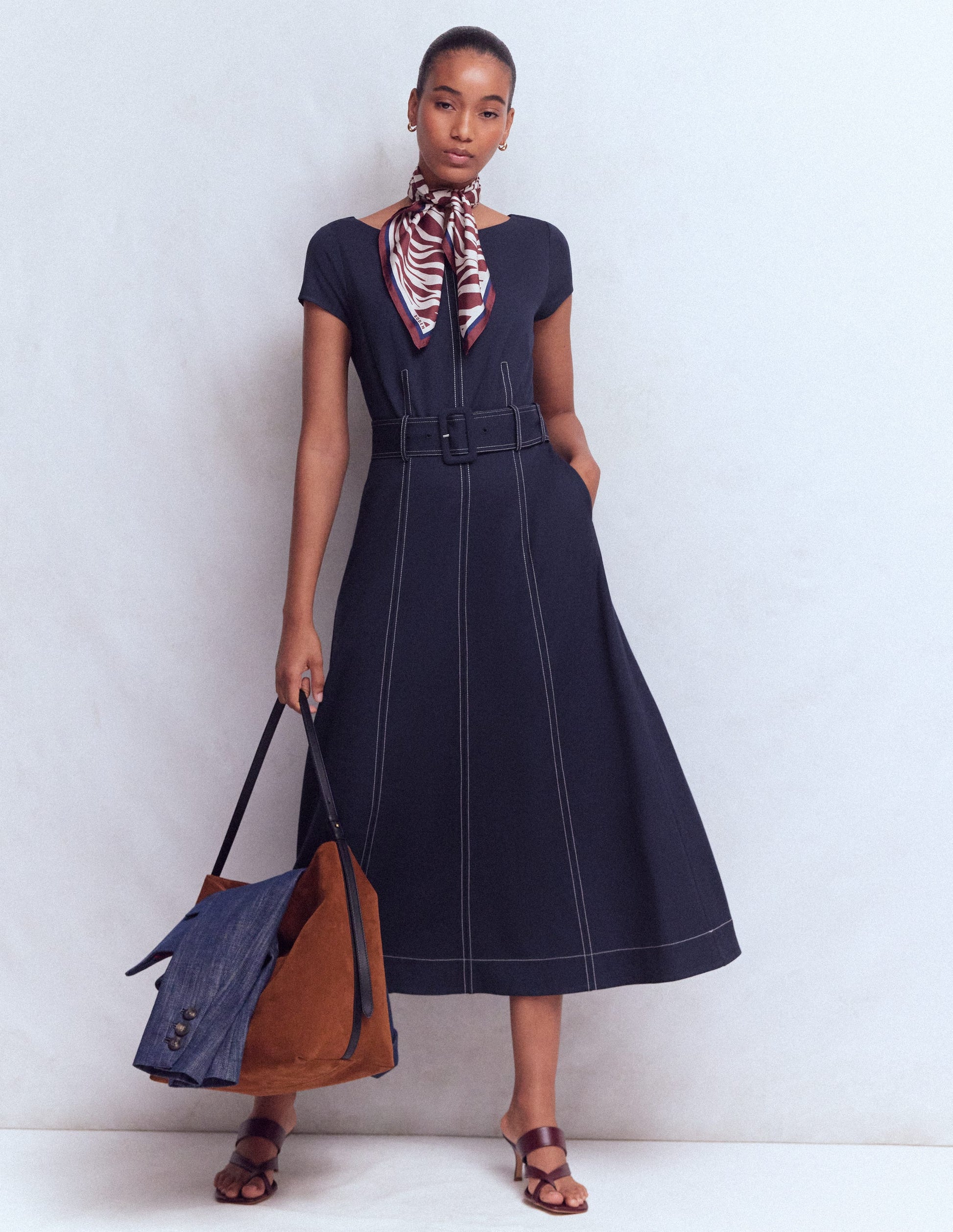 Topstitch Ponte Midi Dress-Navy-1