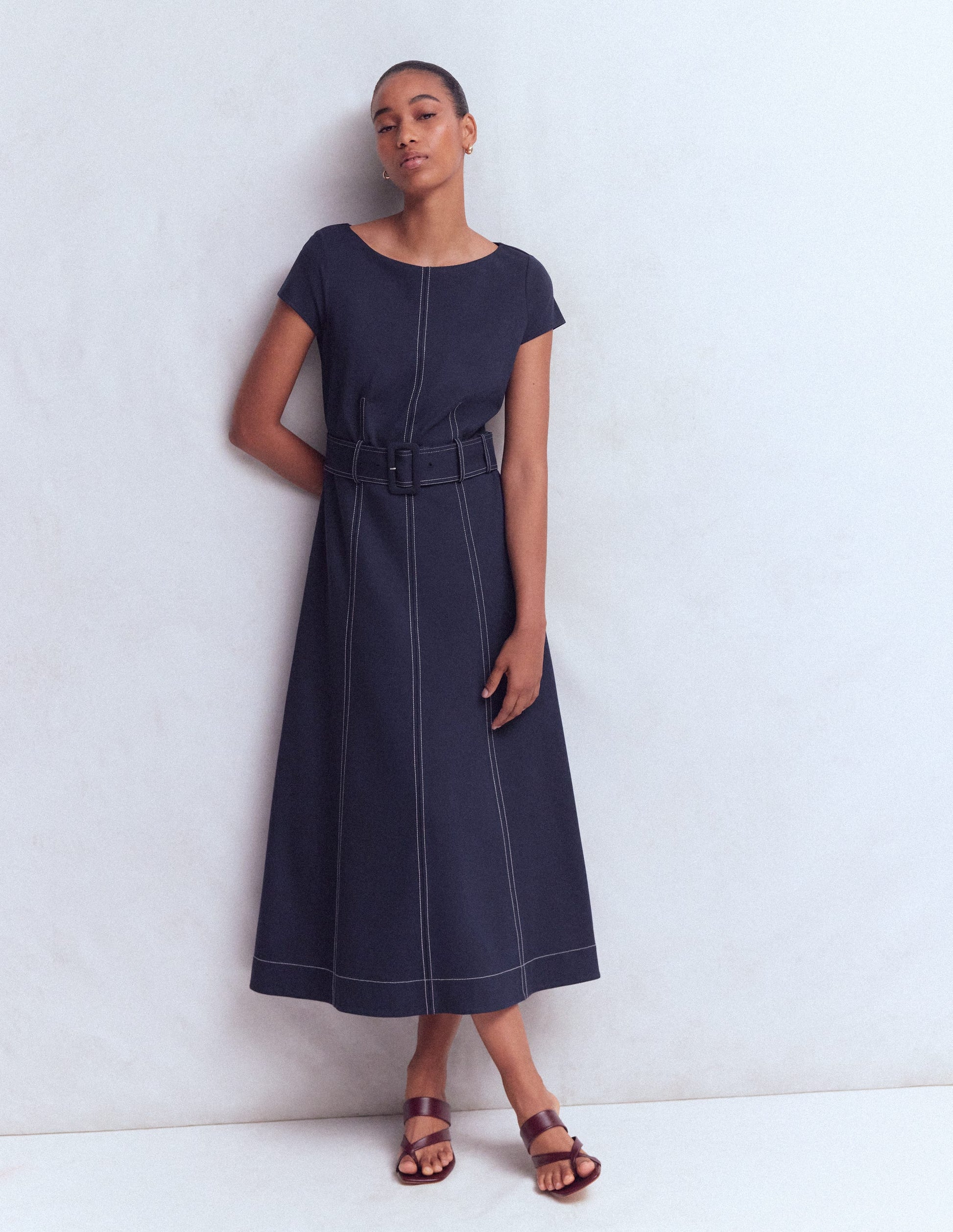 Topstitch Ponte Midi Dress-Navy-4