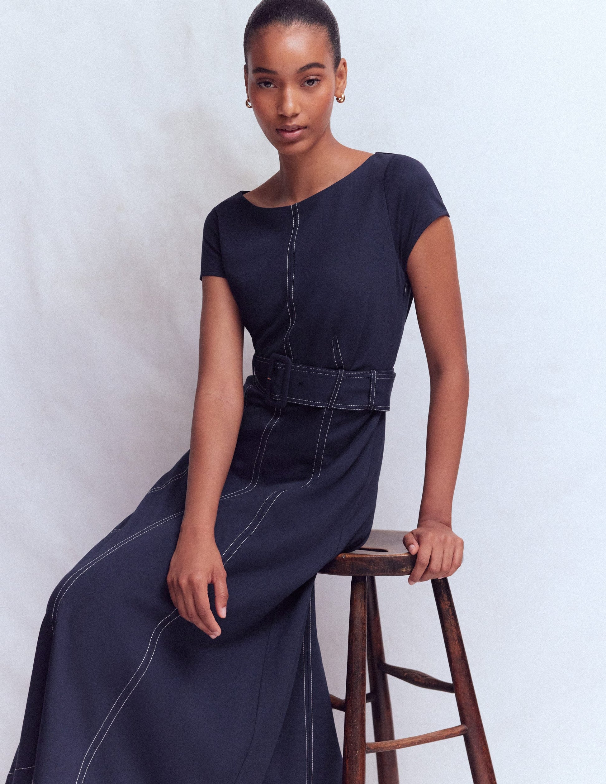 Topstitch Ponte Midi Dress-Navy-5