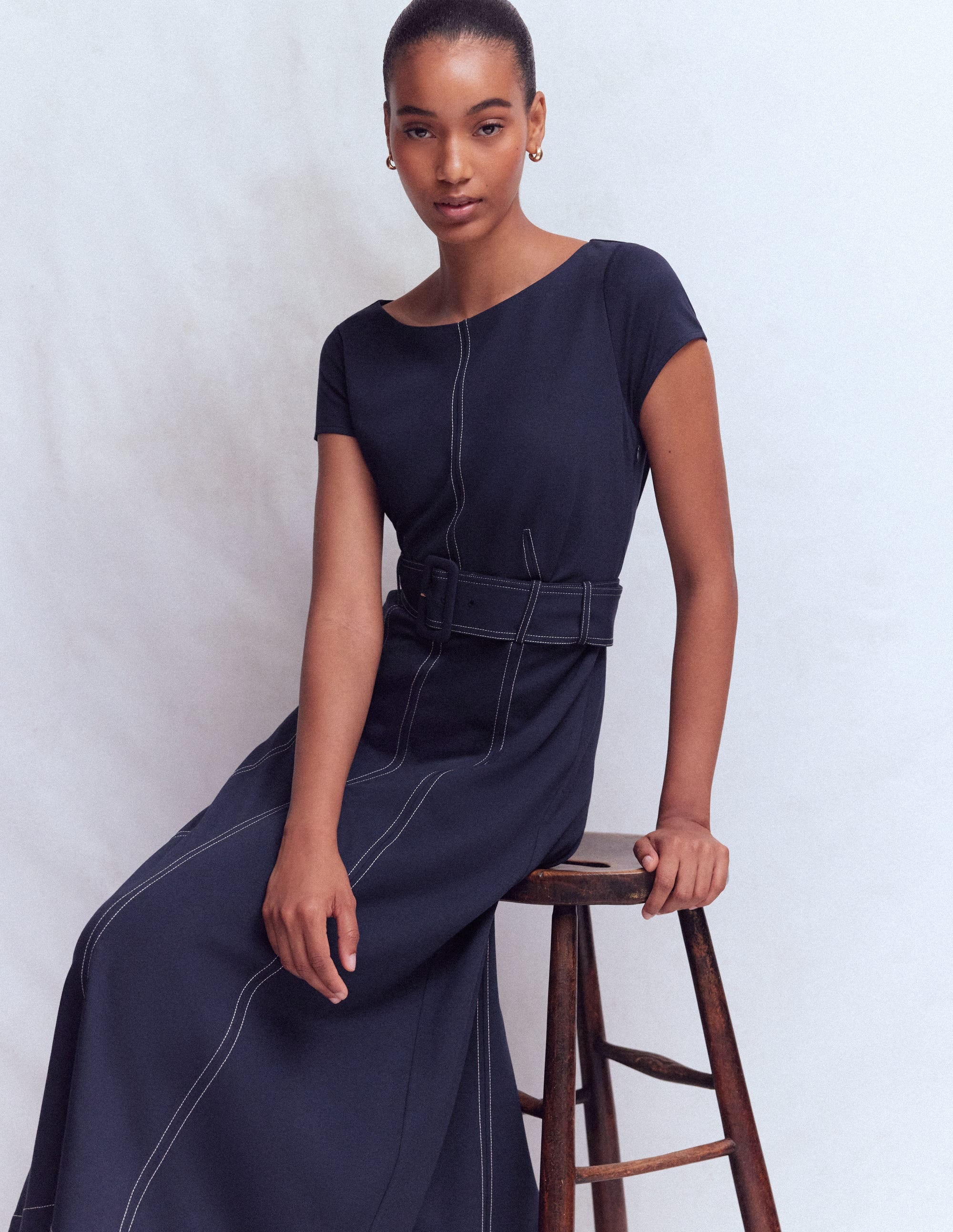 Topstitch Ponte Midi Dress-Navy - Image 5