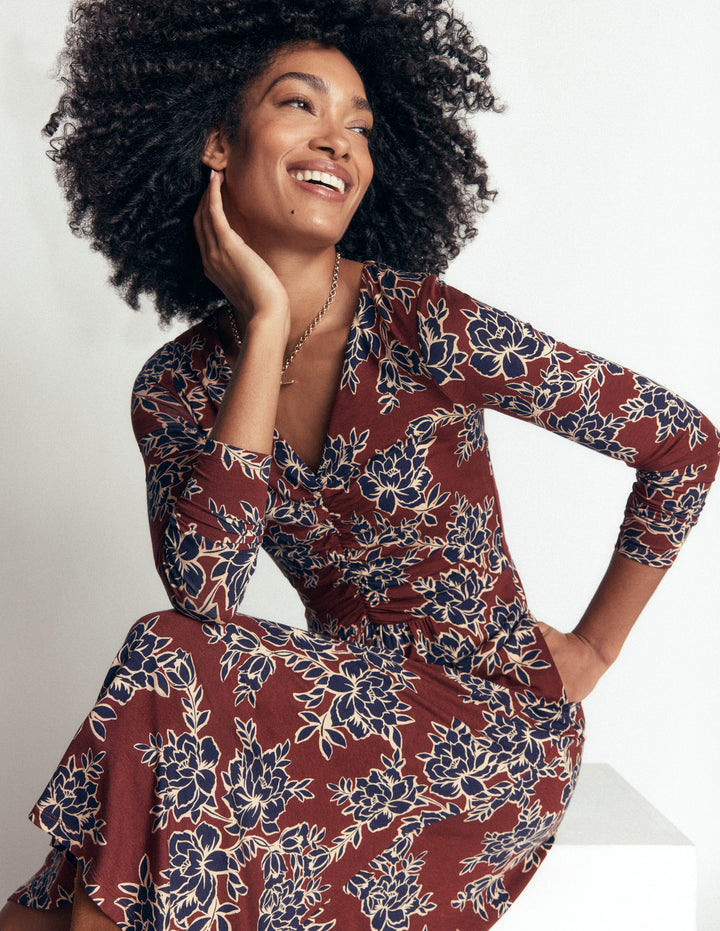 Jasmine Ruched Jersey Dress-Roasted Brown, Enchanted Peony