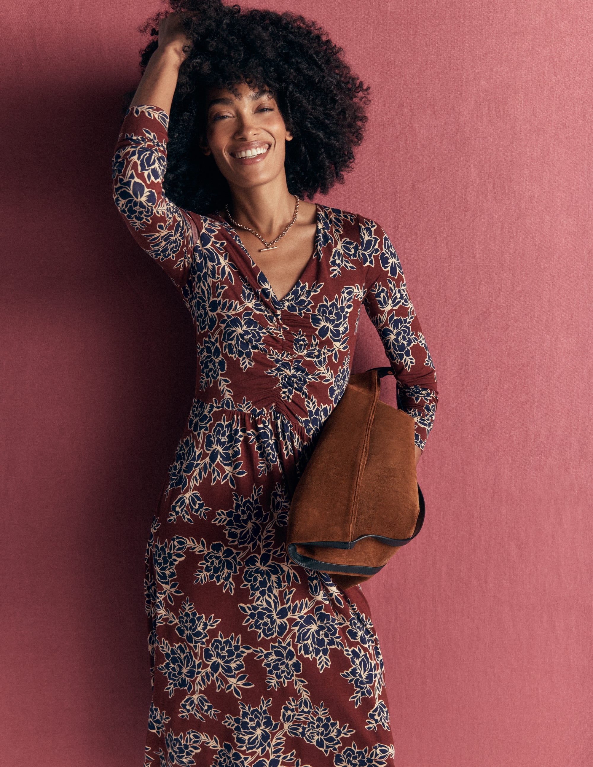 Jasmine Ruched Jersey Dress-Roasted Brown, Enchanted Peony - Image 2