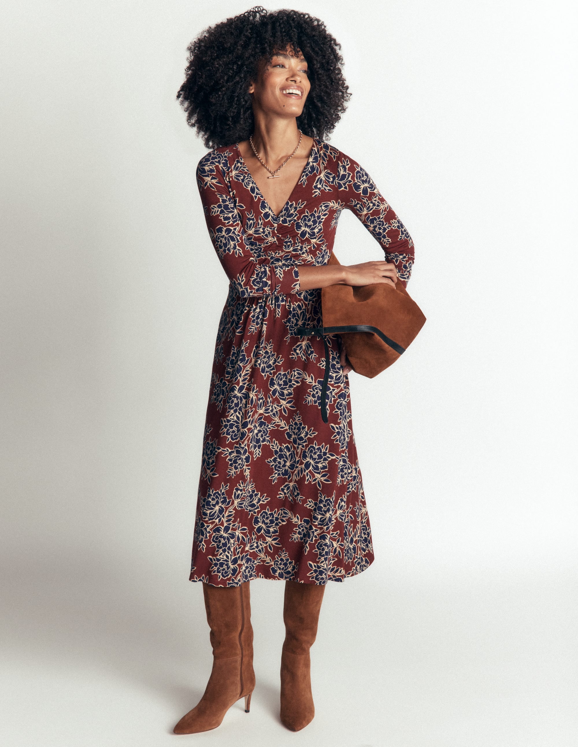Jasmine Ruched Jersey Dress-Roasted Brown, Enchanted Peony - Image 4