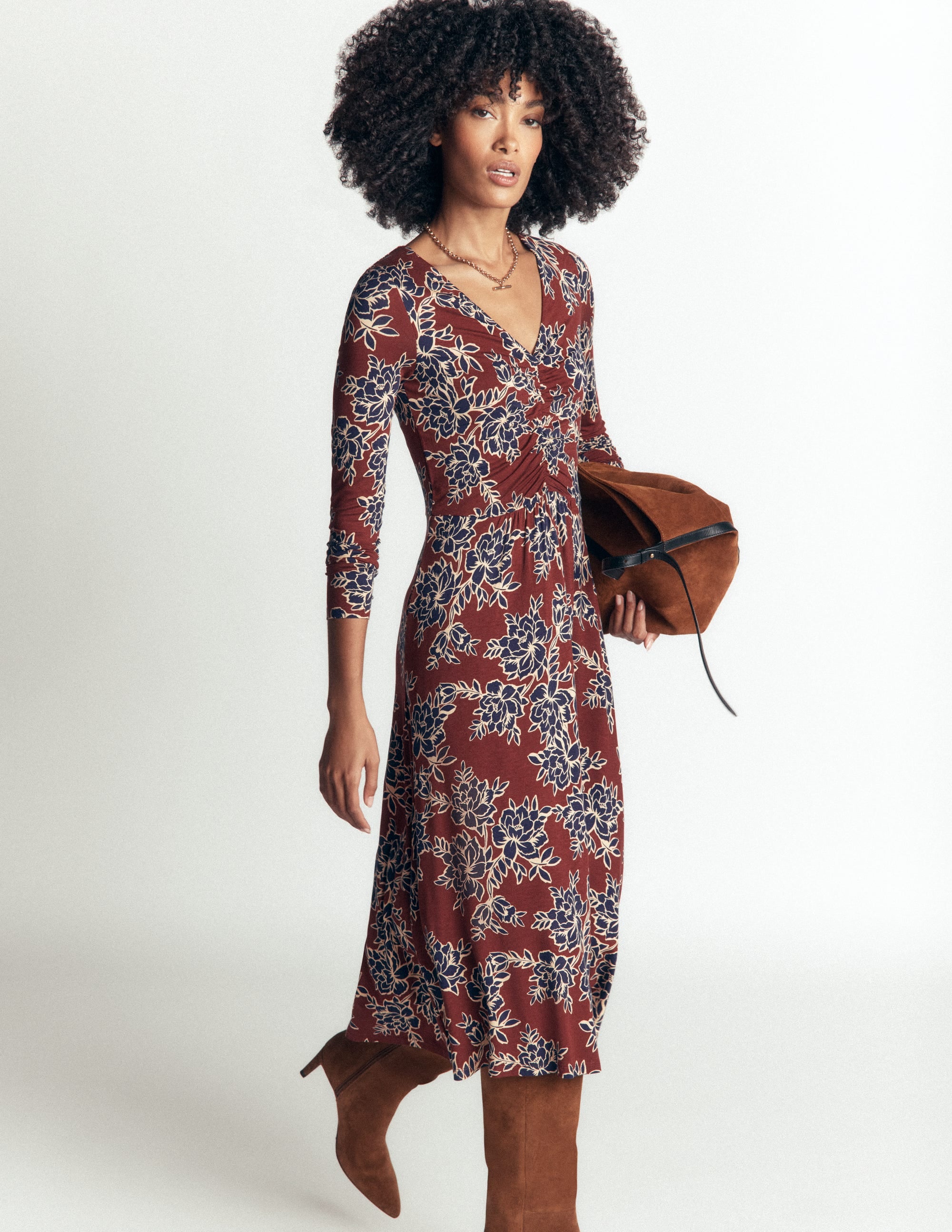 Jasmine Ruched Jersey Dress-Roasted Brown, Enchanted Peony - Image 5