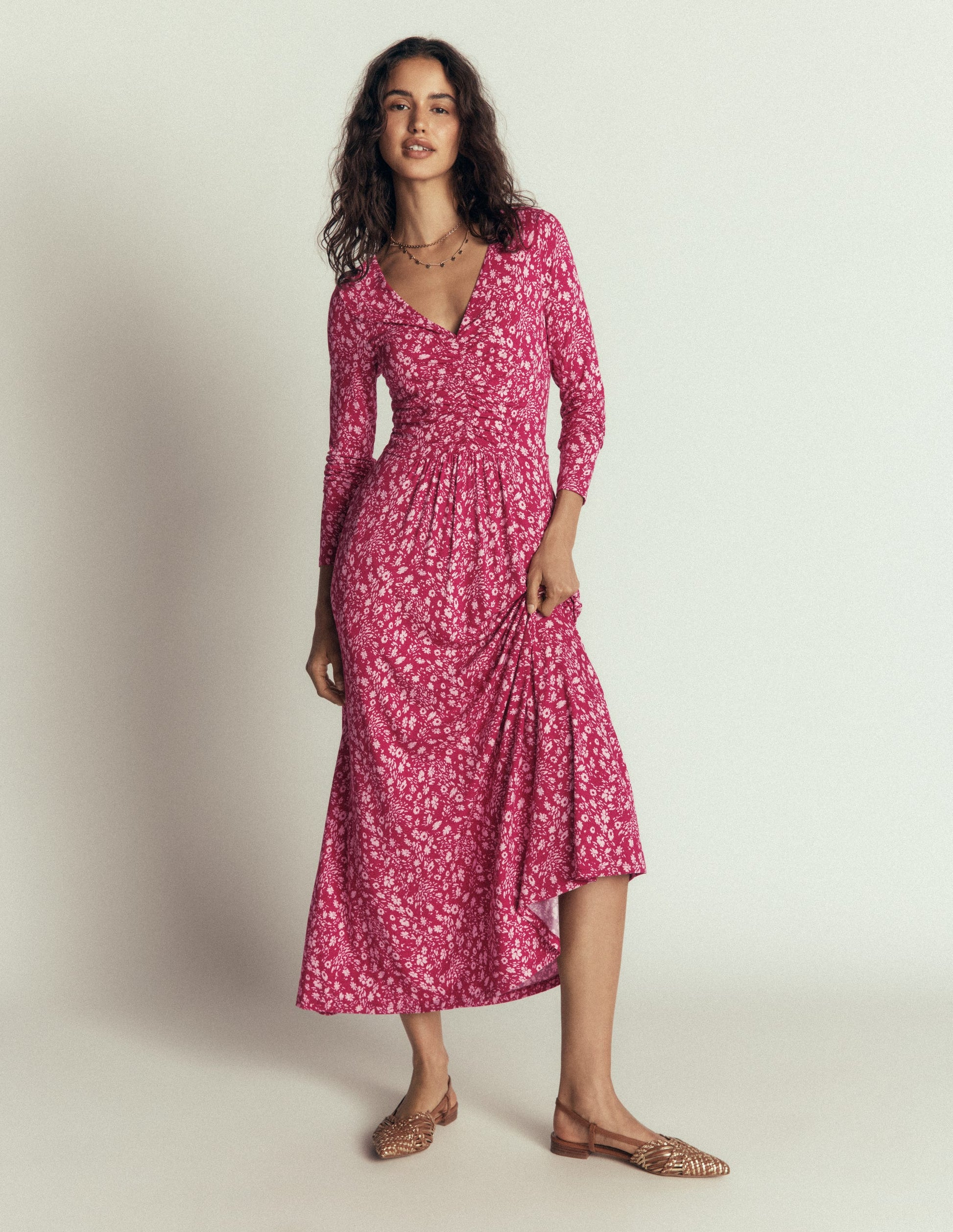 Jasmine Ruched Jersey Dress-Sweet Cherry, Scattered Flora-1