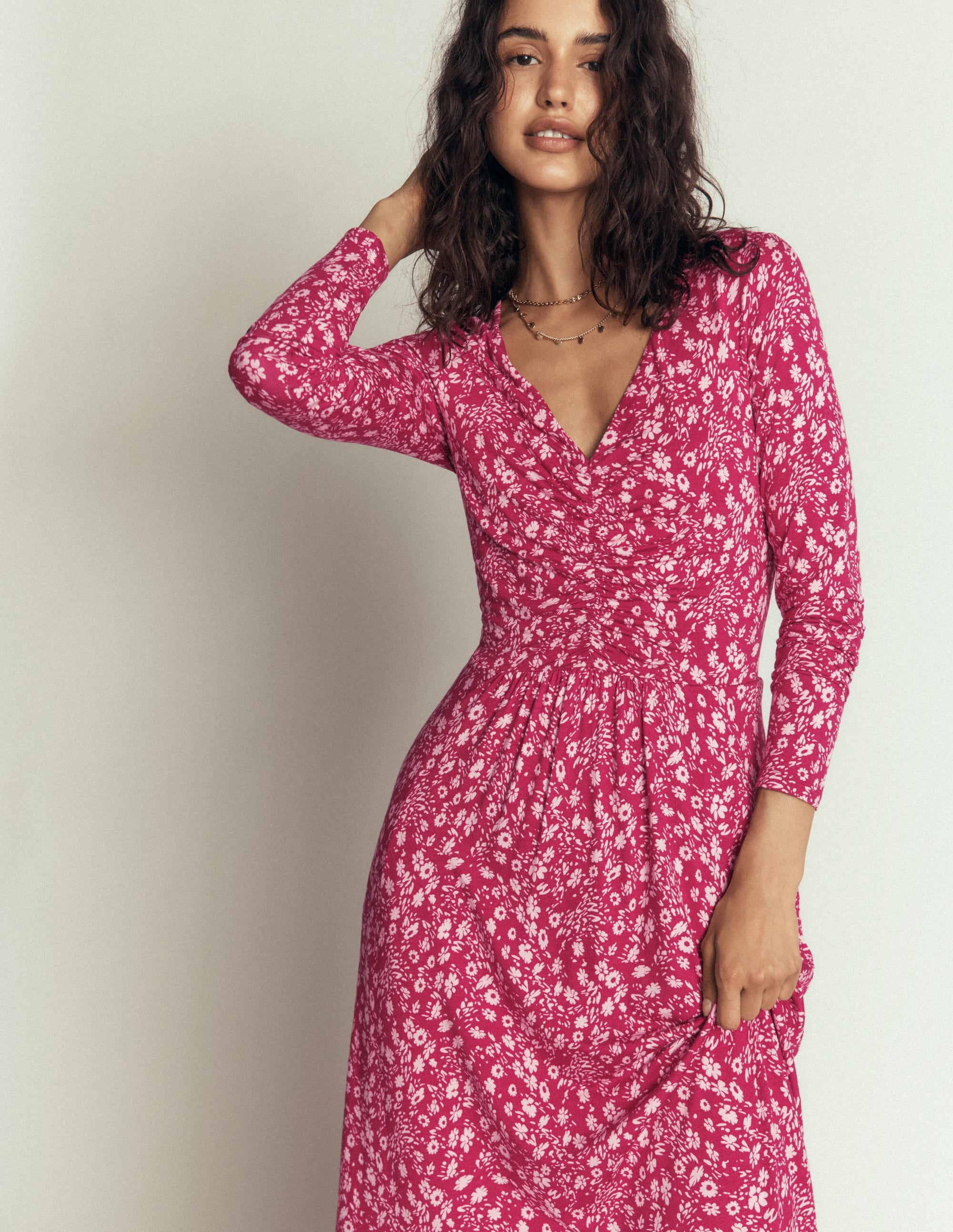 Jasmine Ruched Jersey Dress-Sweet Cherry, Scattered Flora - Image 4