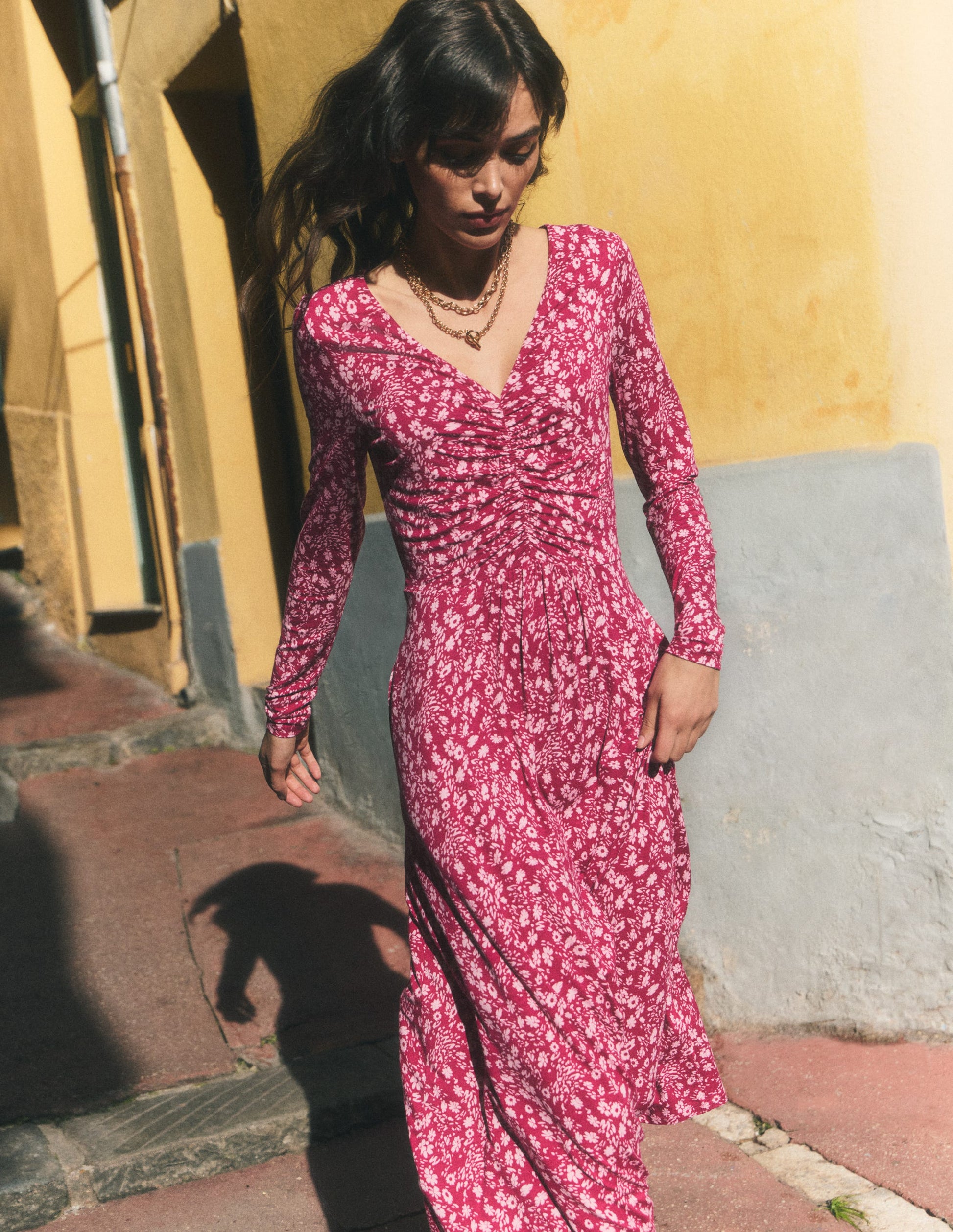 Jasmine Ruched Jersey Dress-Sweet Cherry, Scattered Flora-1