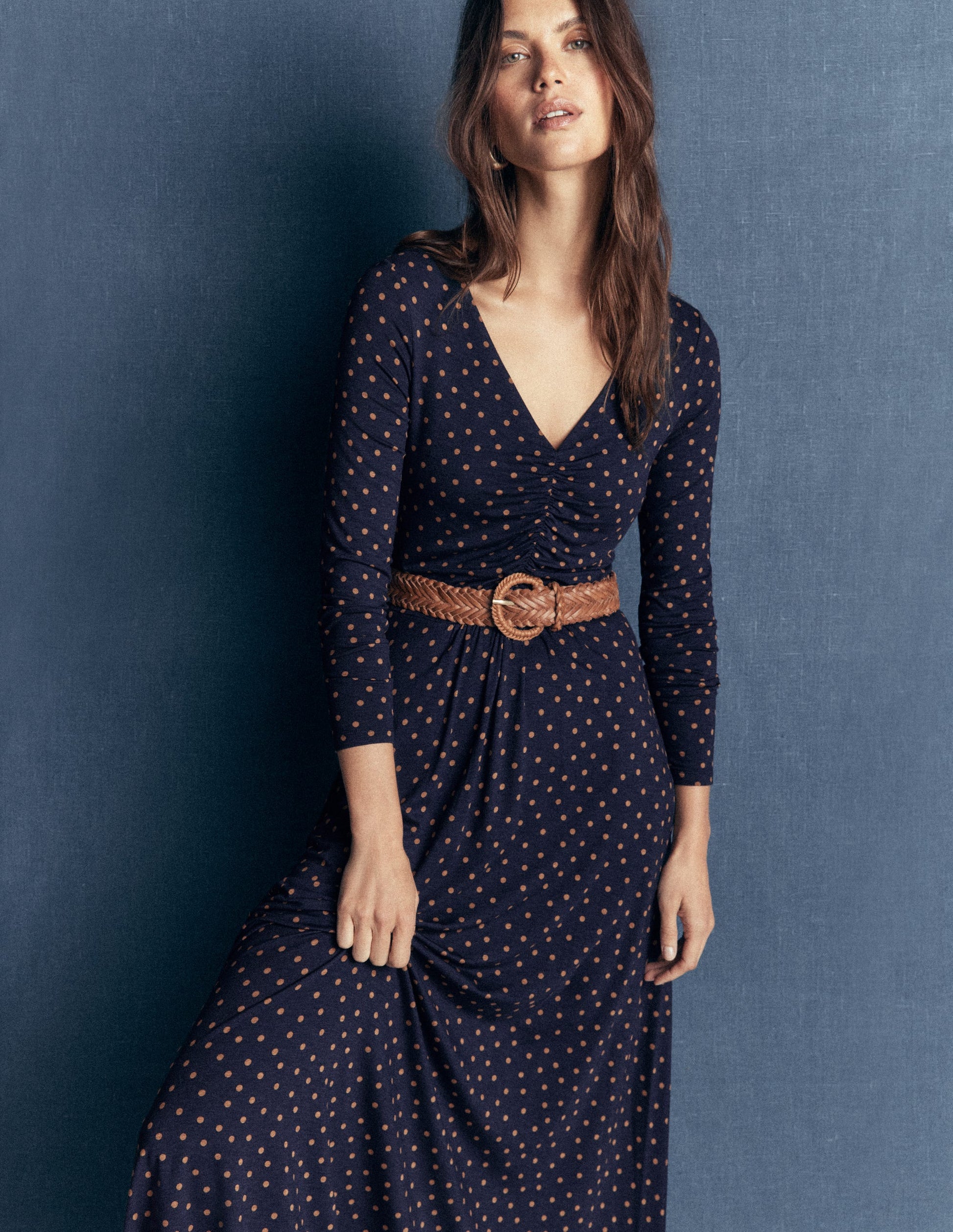 Jasmine Ruched Jersey Dress-French Navy, Painted Dot Space-1