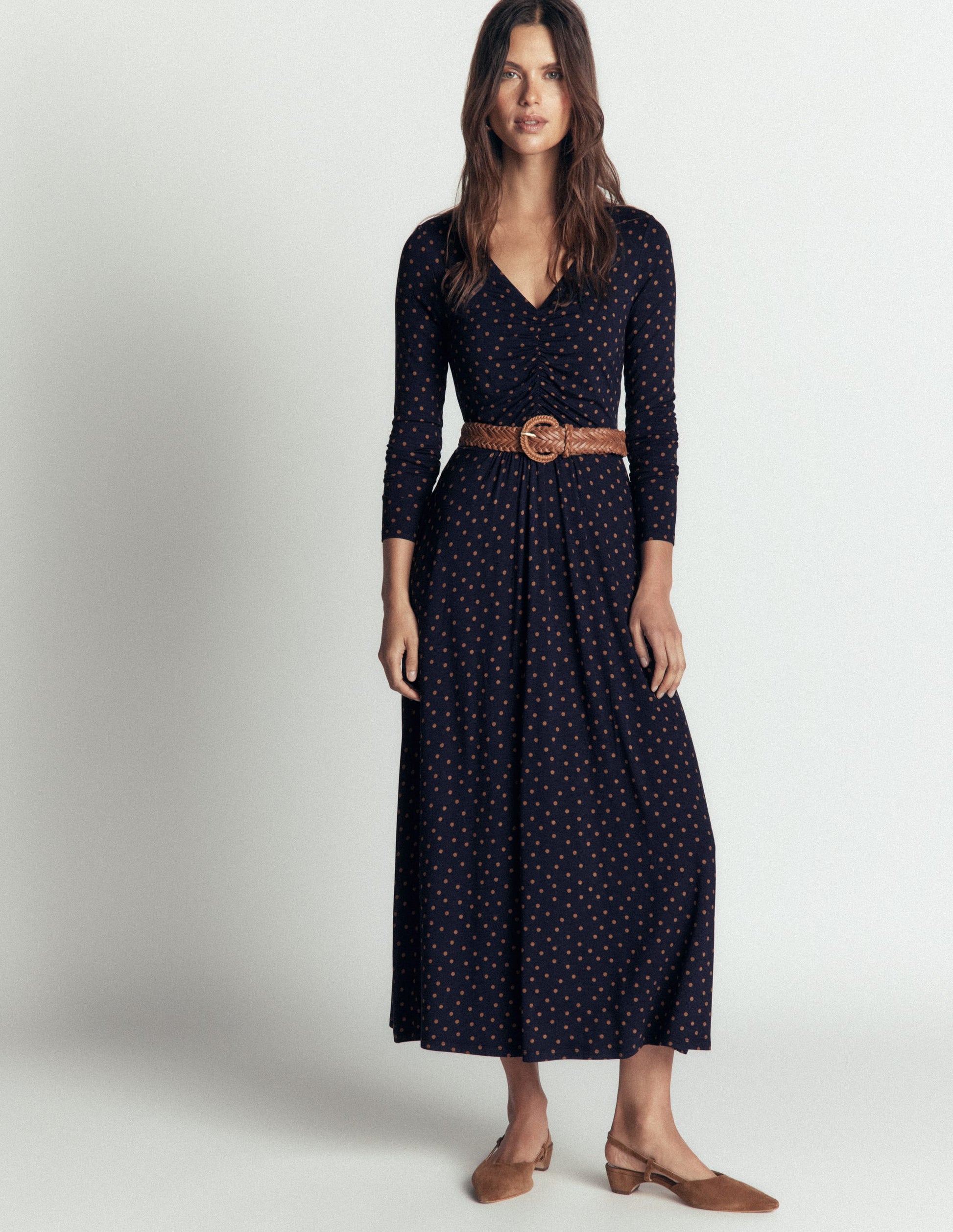 Jasmine Ruched Jersey Dress-French Navy, Painted Dot Space-1