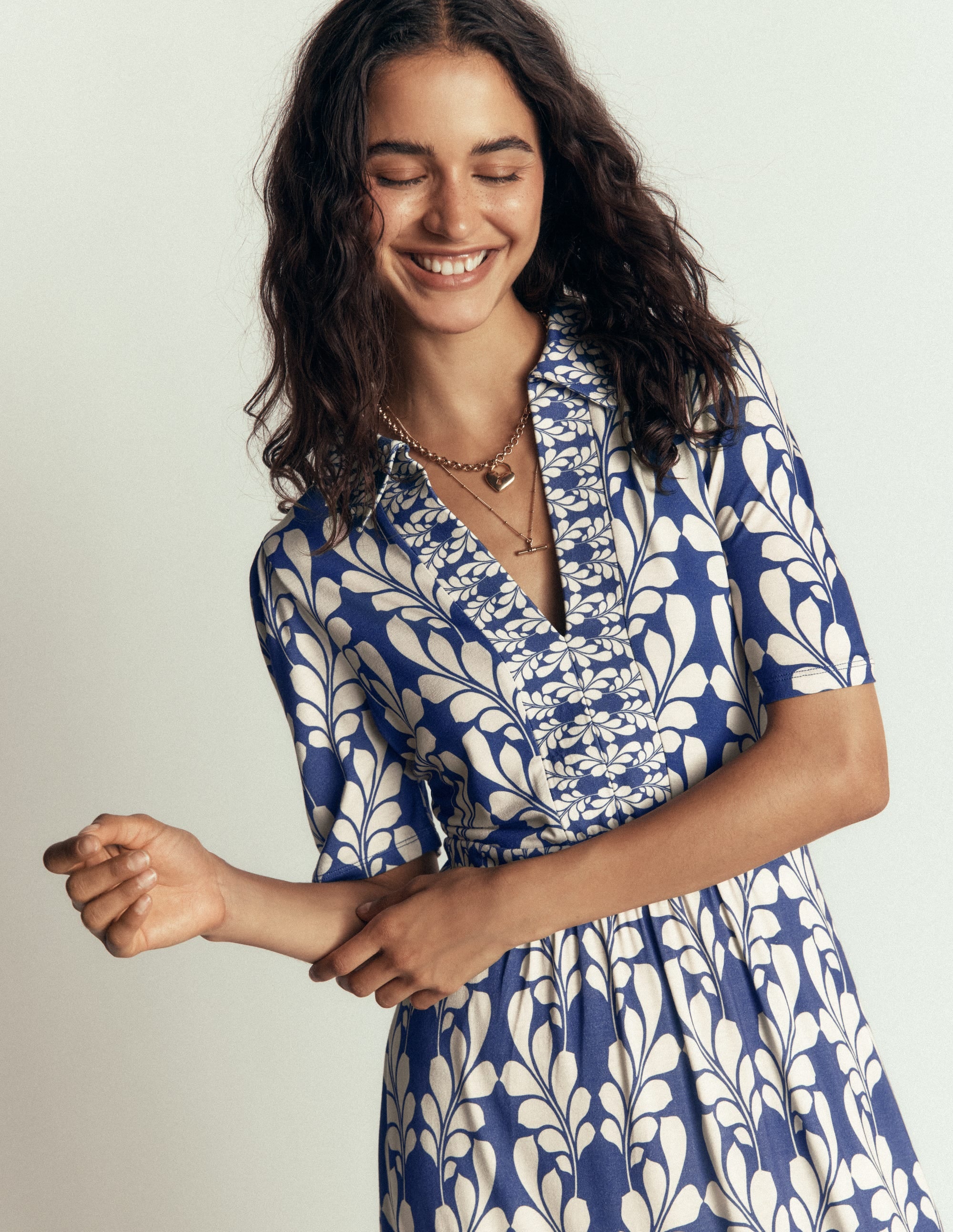 Heidi Jersey Midi Tea Dress - Denim Blue, Delicate Trail | Boden UK