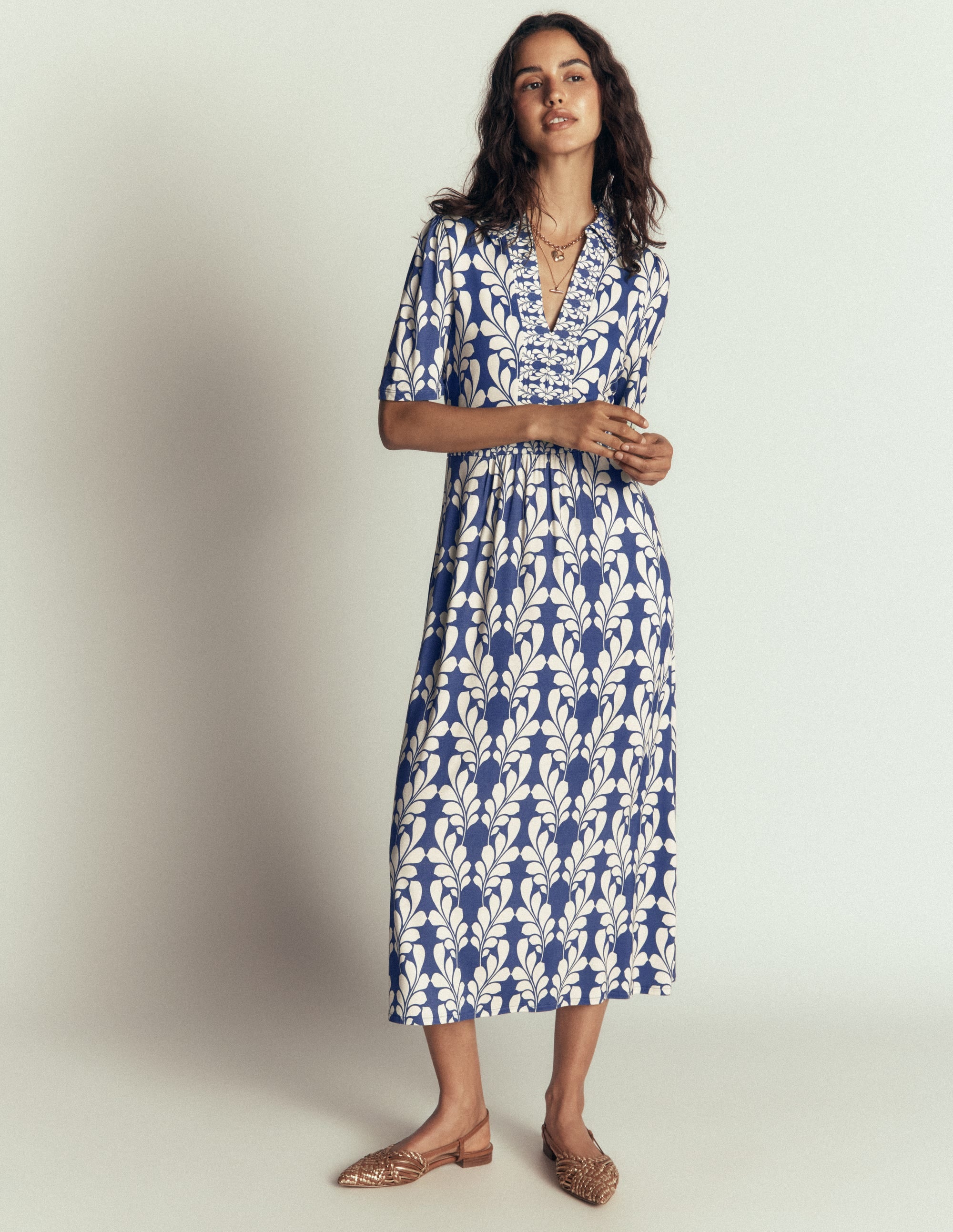 Heidi Jersey Midi Tea Dress-Denim Blue, Delicate Trail - Image 1
