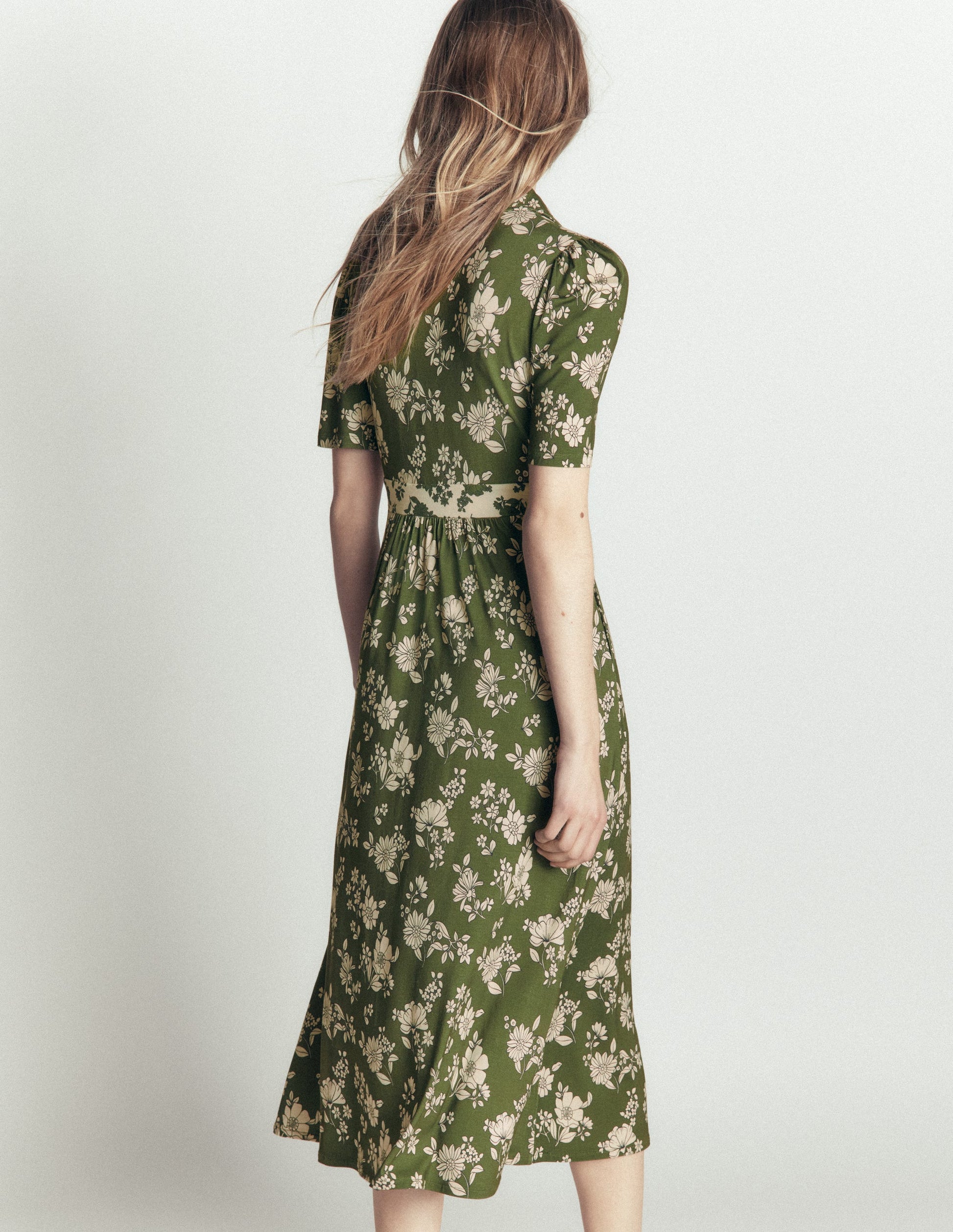 Heidi Jersey Midi Tea Dress - Olive, Floral Field Spaced