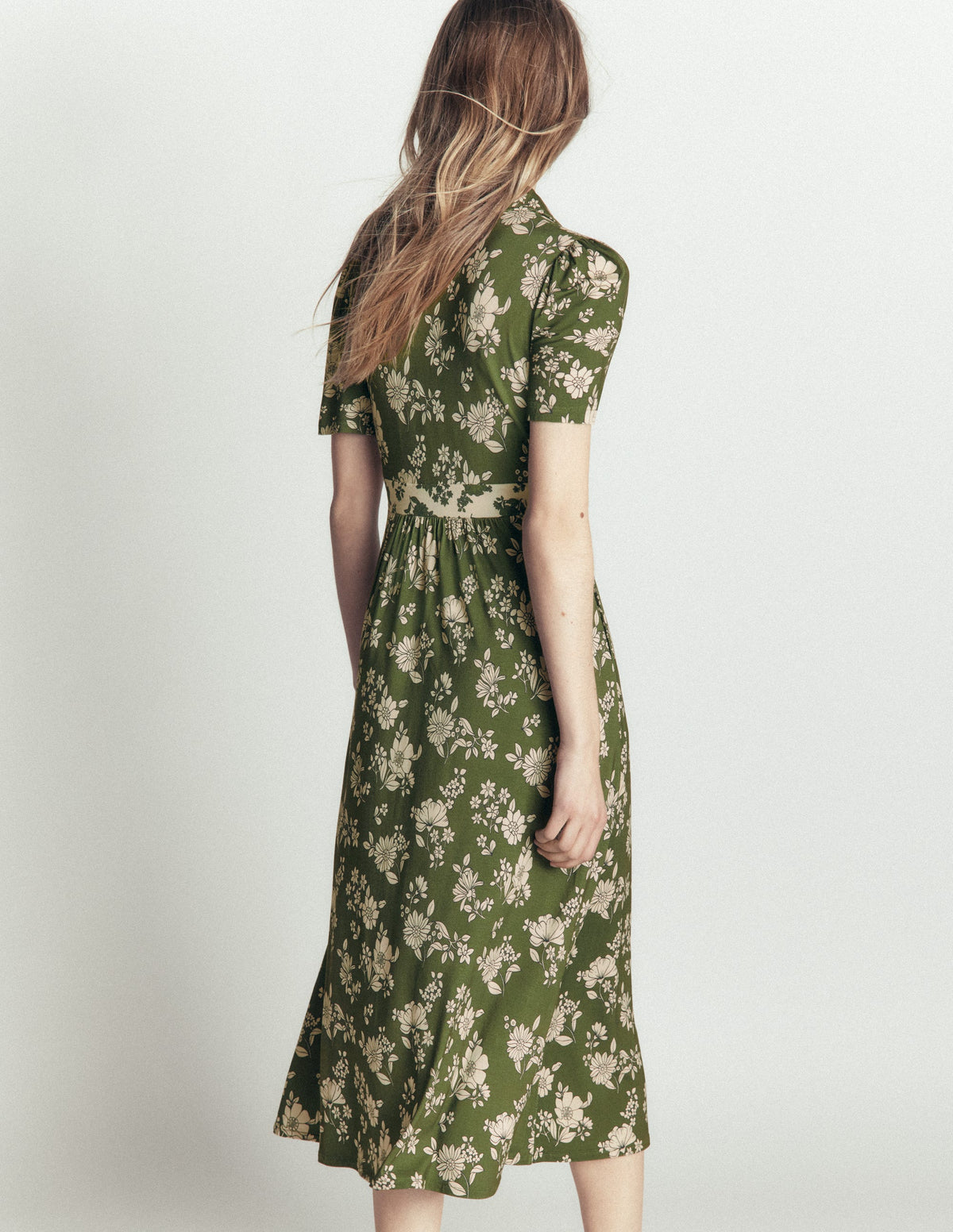 Heidi Jersey Midi Tea Dress-Olive, Floral Field Spaced - Image 2