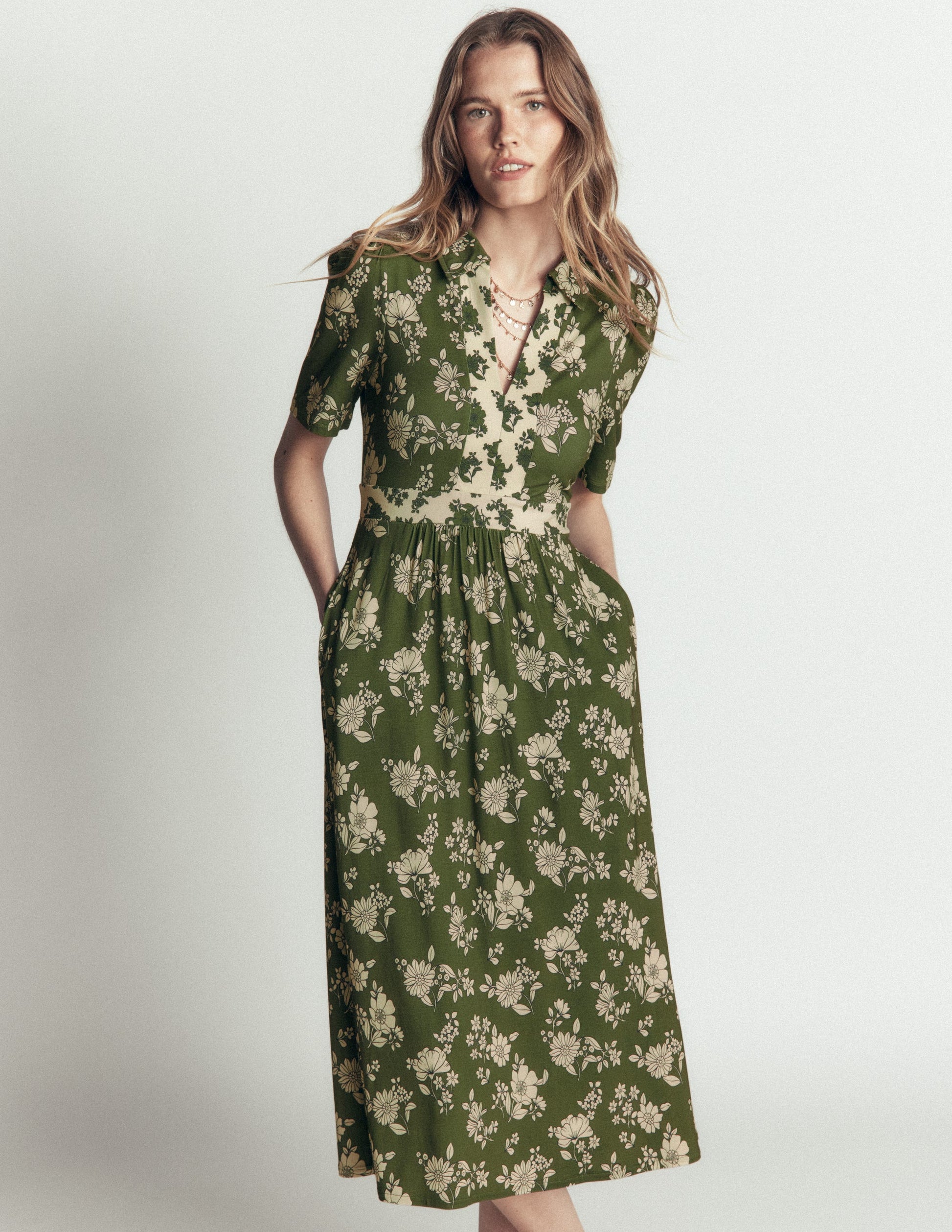 Heidi Jersey Midi Tea Dress - Olive, Floral Field Spaced