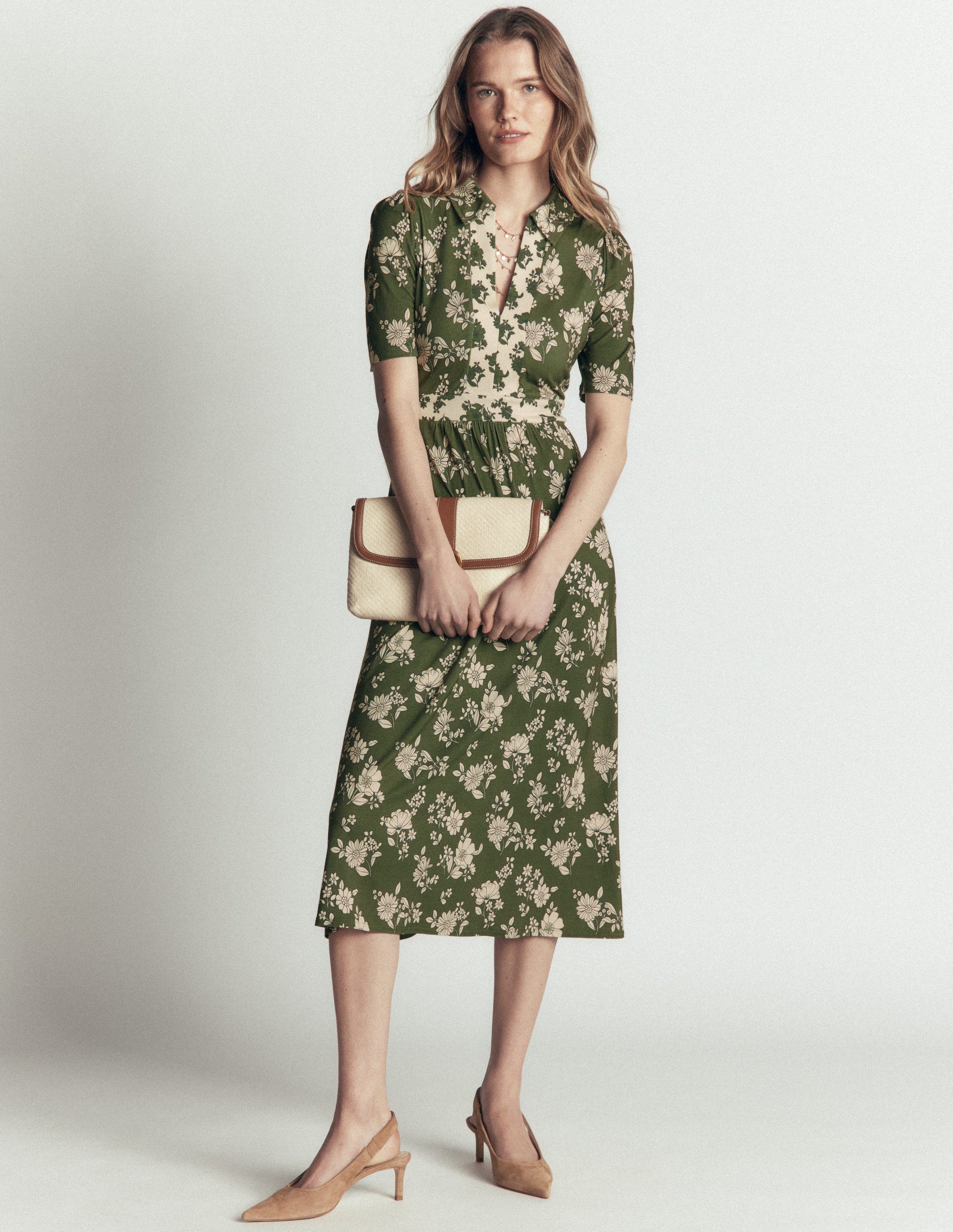 Heidi Jersey Midi Tea Dress-Olive, Floral Field Spaced-5