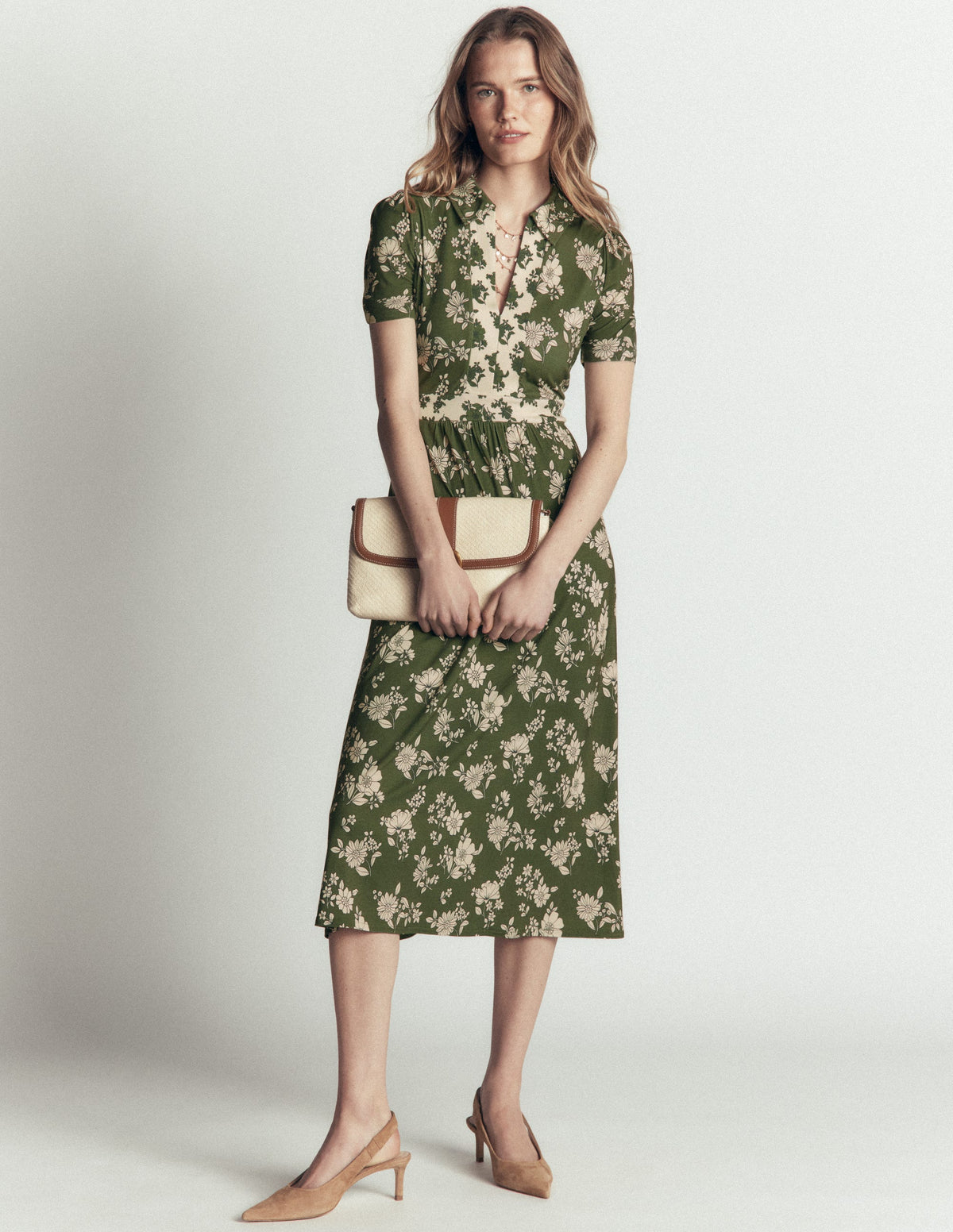Heidi Jersey Midi Tea Dress-Olive, Floral Field Spaced-4