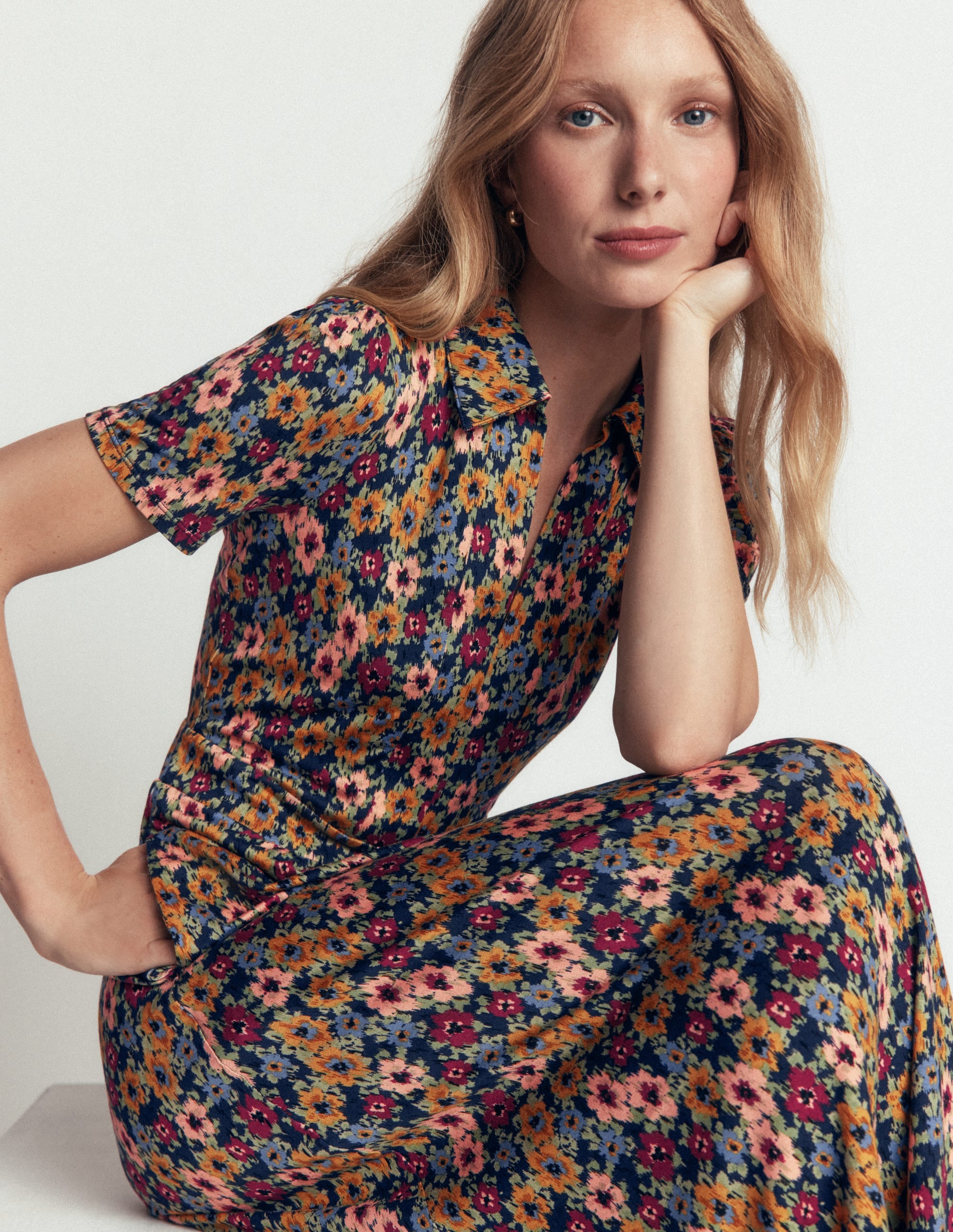 Heidi Jersey Midi Tea Dress-French Navy, Flecked Garden - Image 1