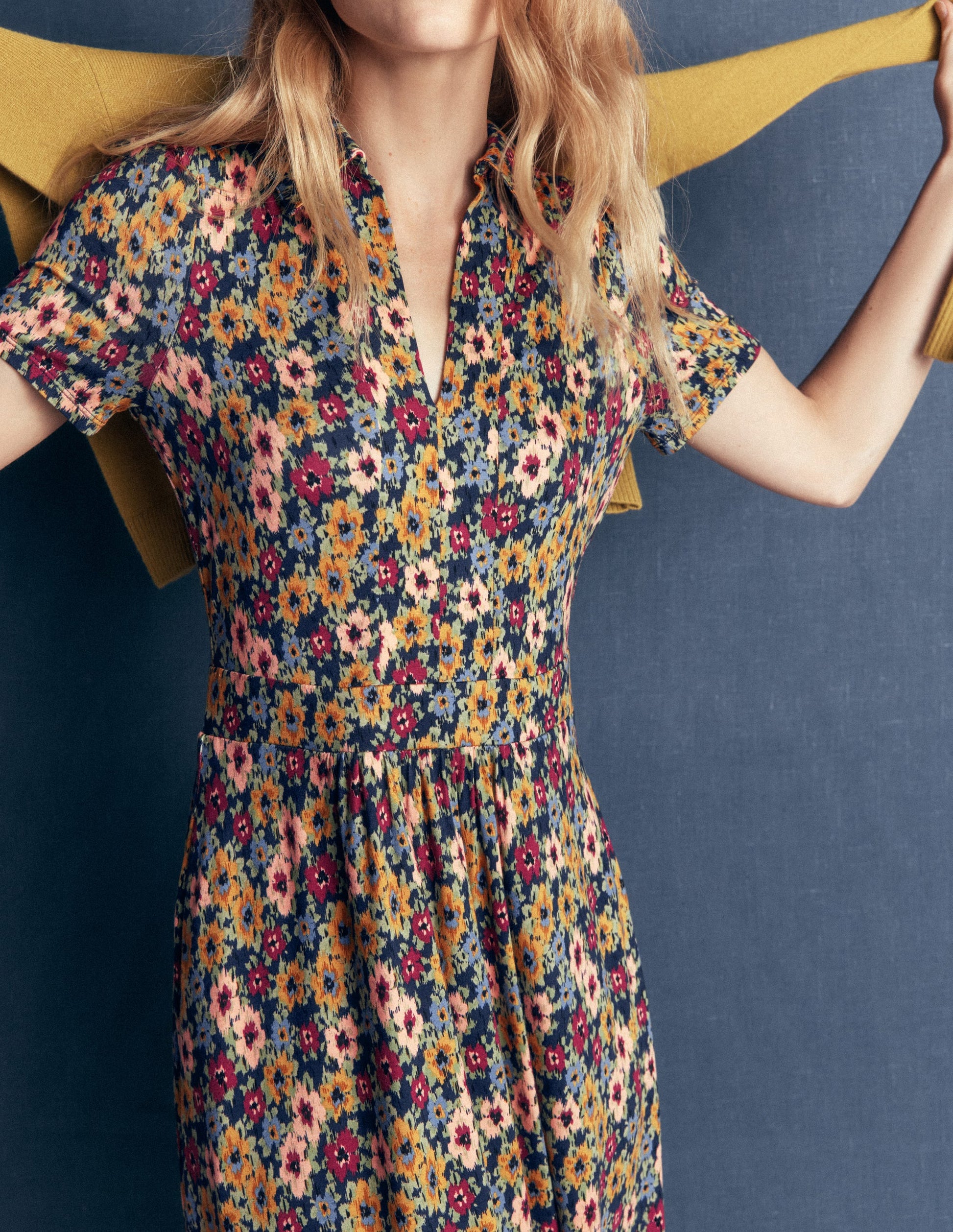 Heidi Jersey Midi Tea Dress-French Navy, Flecked Garden-2