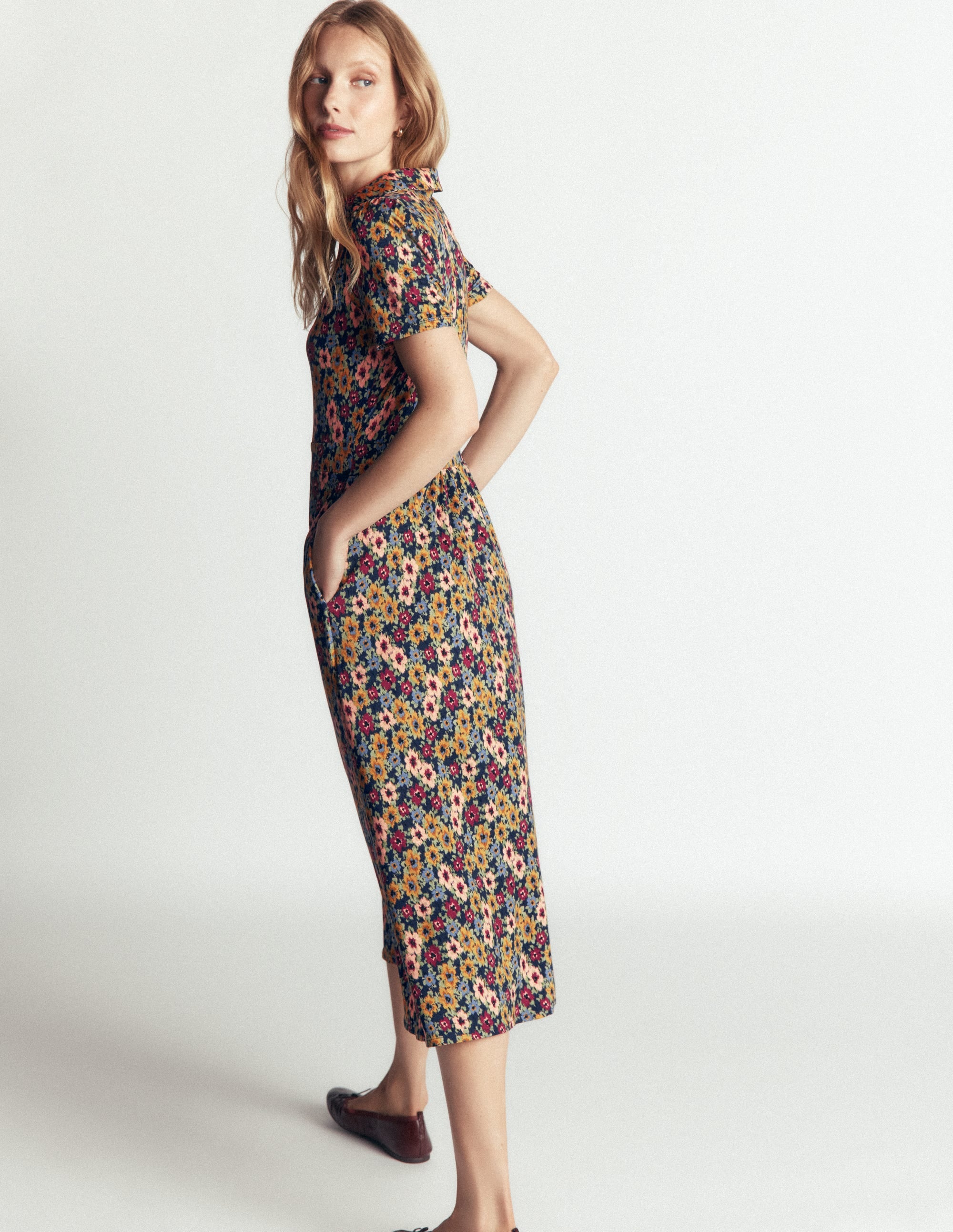 Heidi Jersey Midi Tea Dress-French Navy, Flecked Garden - Image 3
