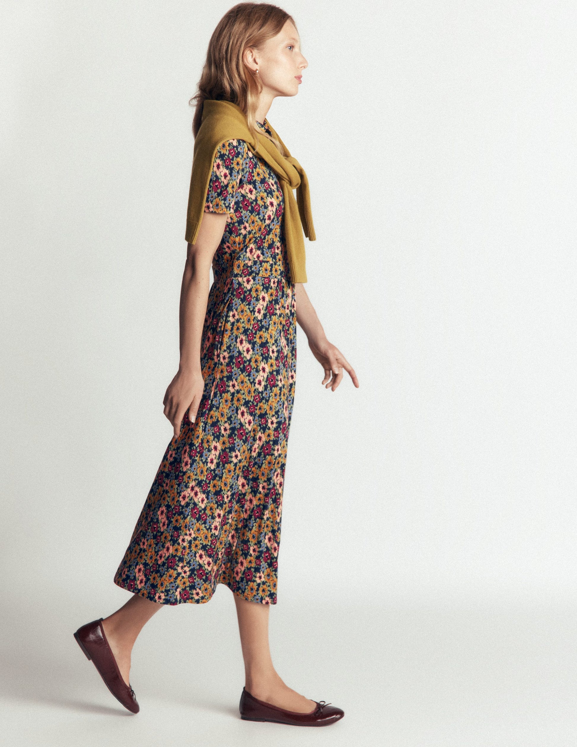 Heidi Jersey Midi Tea Dress-French Navy, Flecked Garden-4