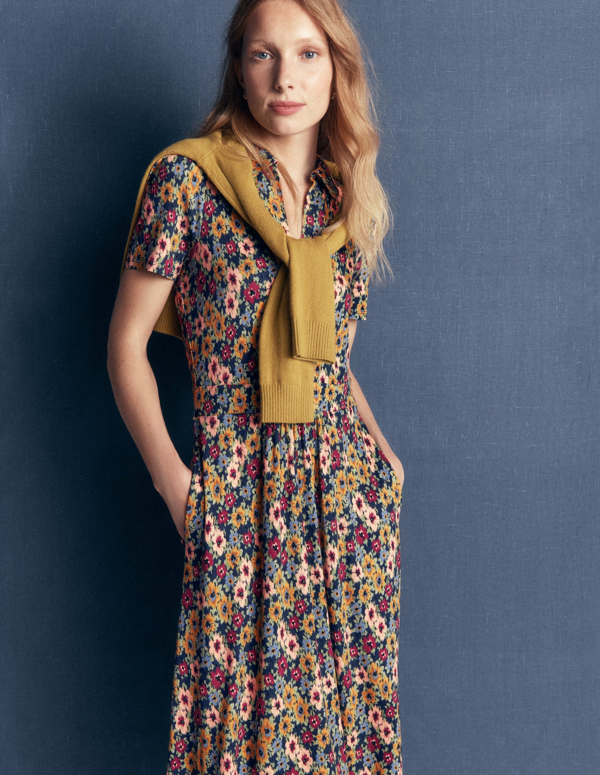Heidi Jersey Midi Tea Dress-French Navy, Flecked Garden-5