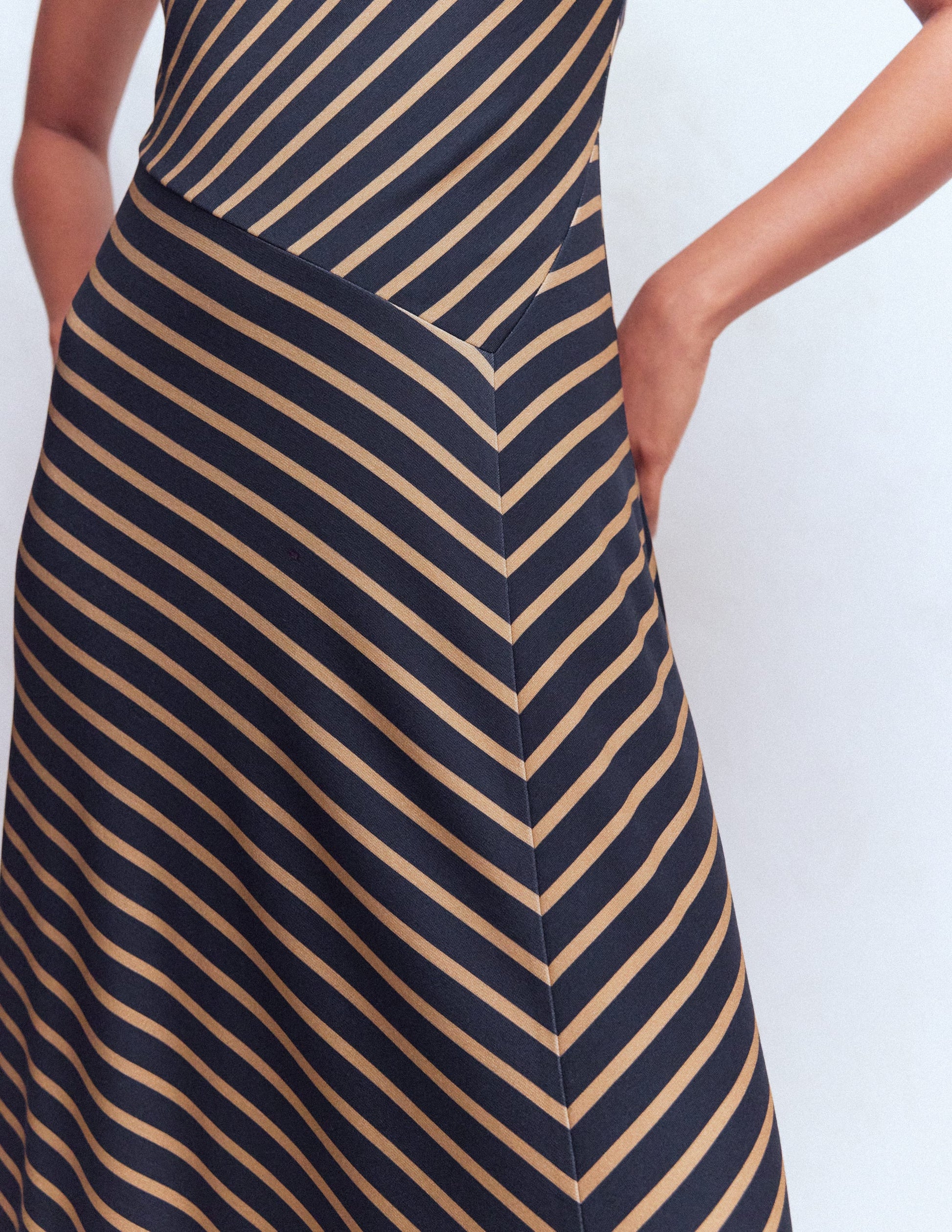Asymetric Ponte Midi Dress-Navy and Camel Stripe-3