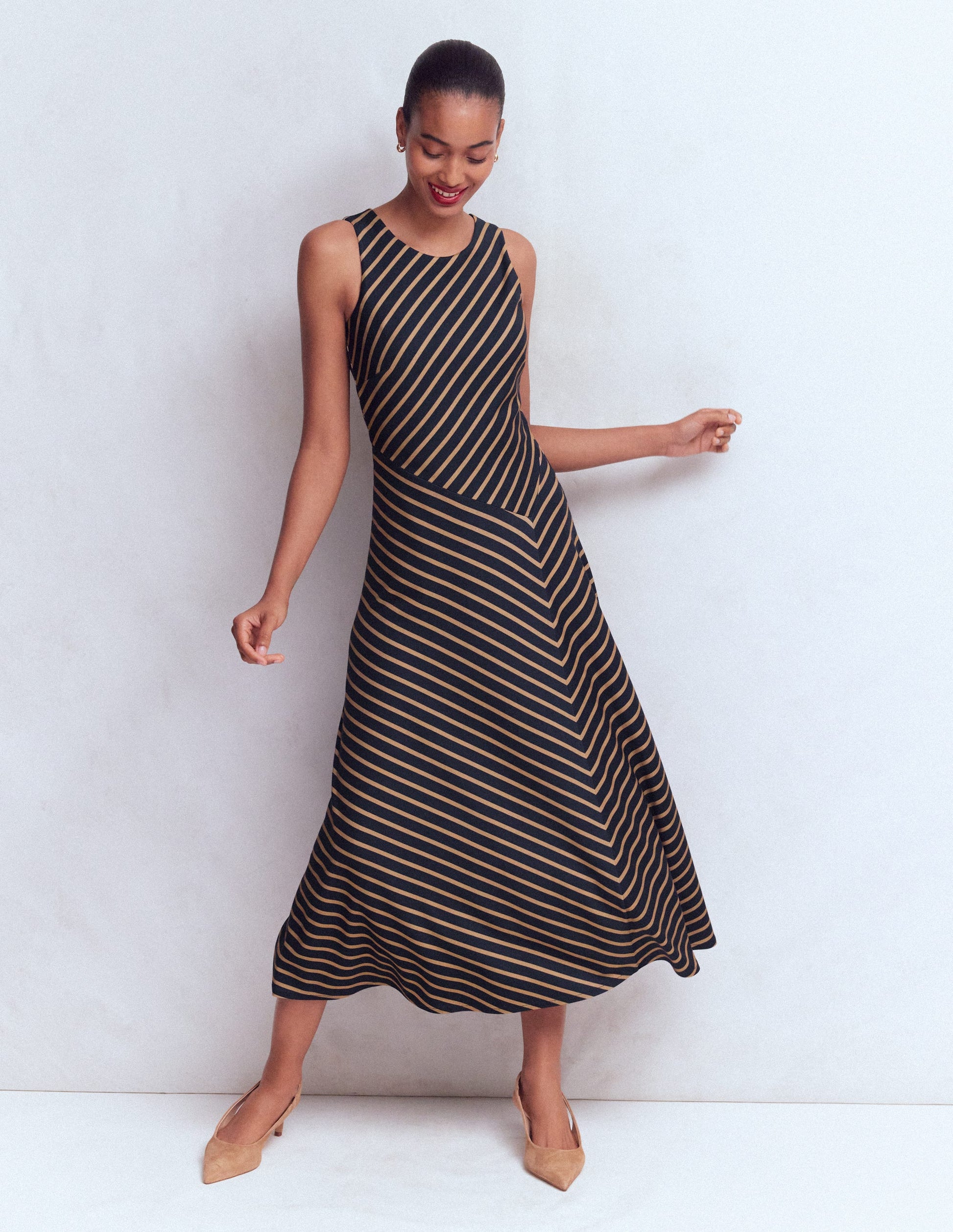 Asymetric Ponte Midi Dress-Navy and Camel Stripe-5