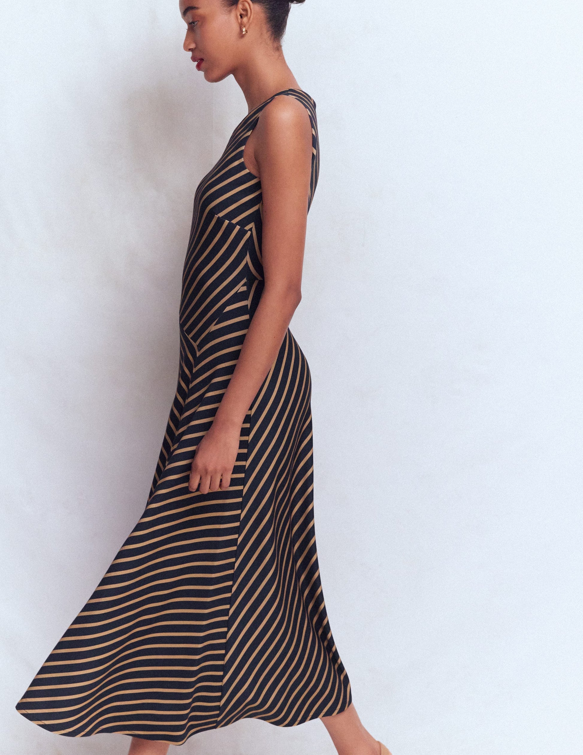 Asymetric Ponte Midi Dress-Navy and Camel Stripe-6