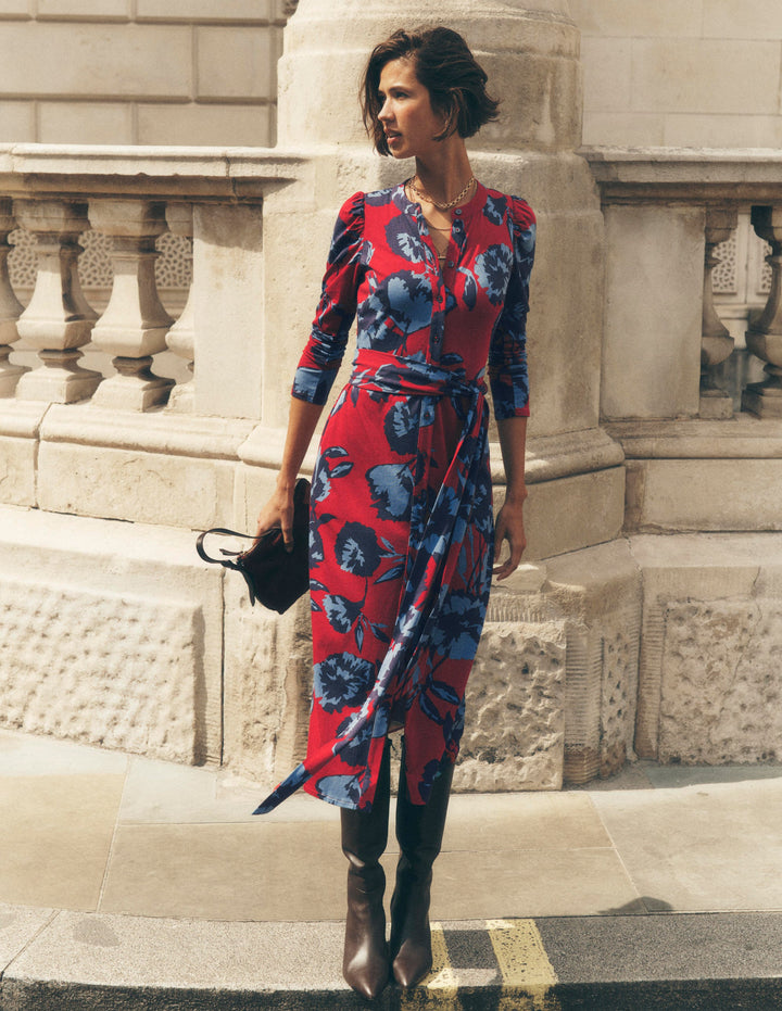 Honor Column Jersey Midi Dress-Crimson Red, Forest Breeze