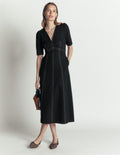 Puff Sleeve Ponte Midi Dress-Black