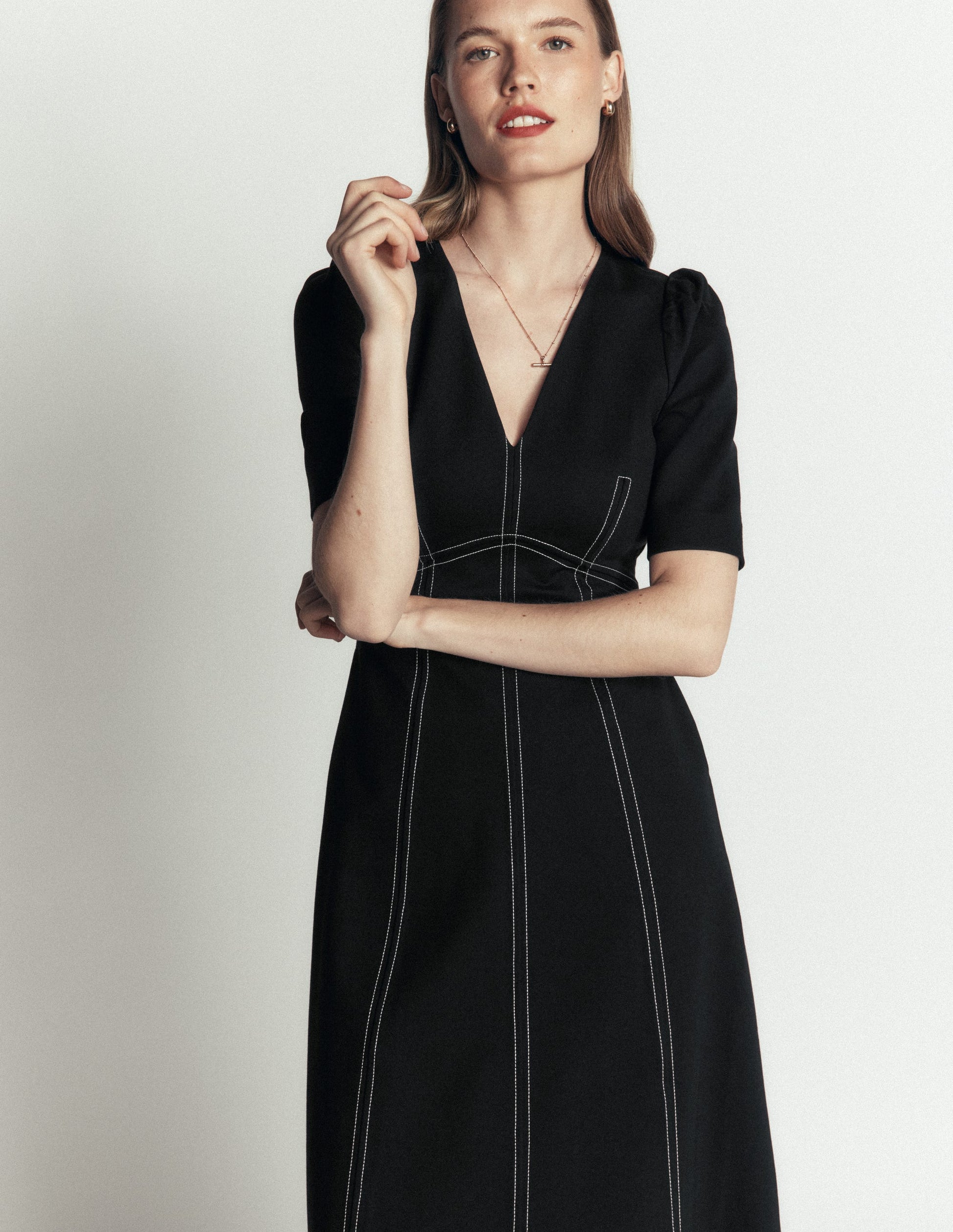 Puff Sleeve Ponte Midi Dress-Black-2