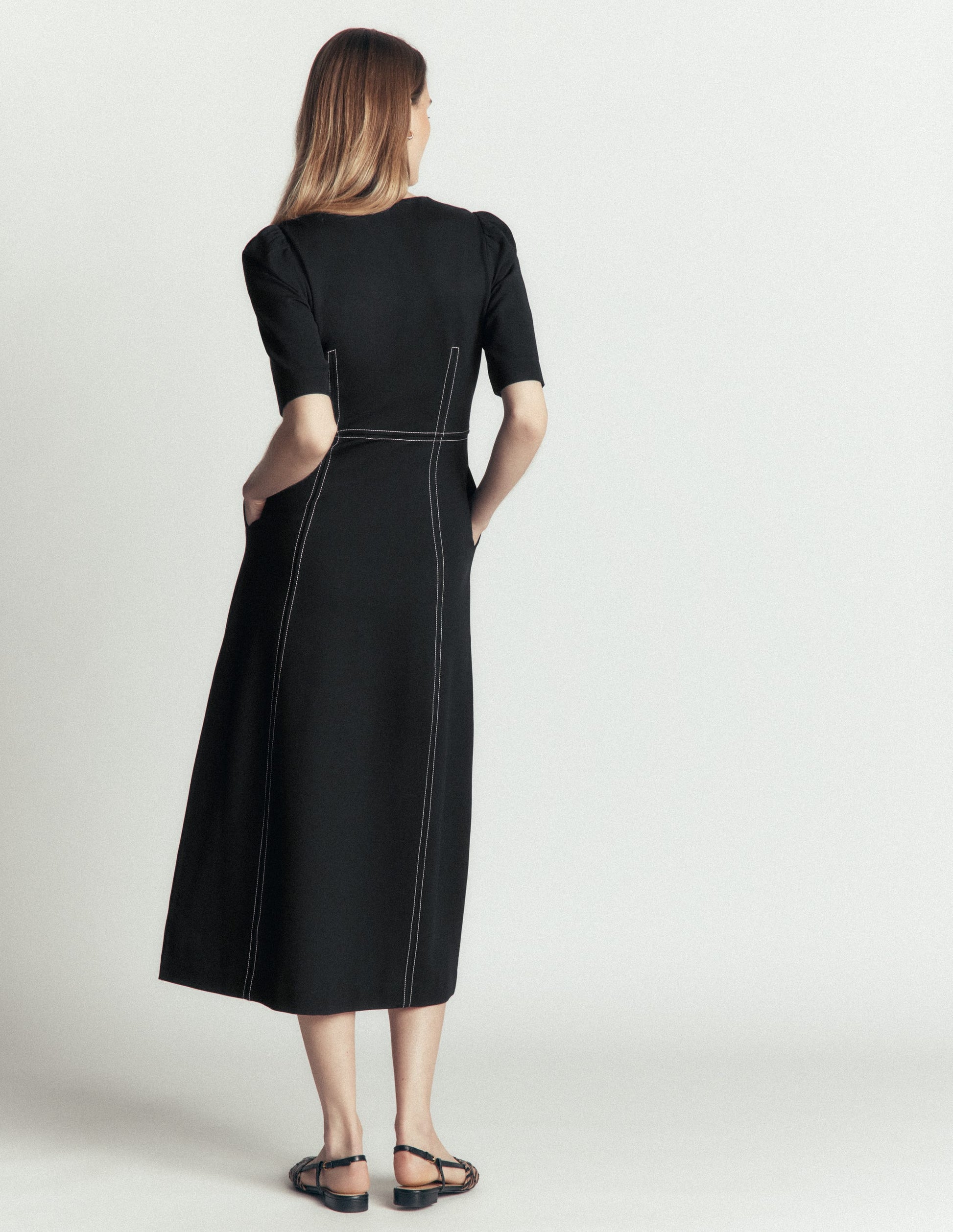 Puff Sleeve Ponte Midi Dress-Black-3