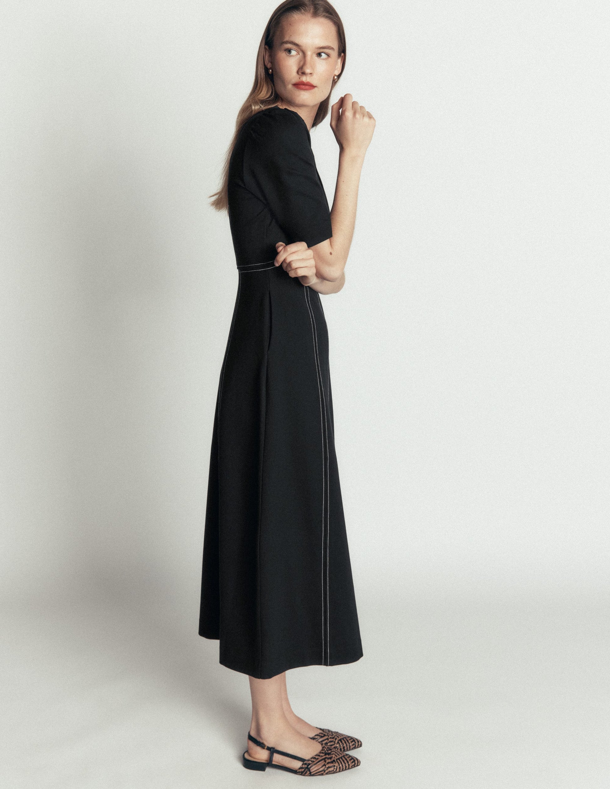 Puff Sleeve Ponte Midi Dress - Black