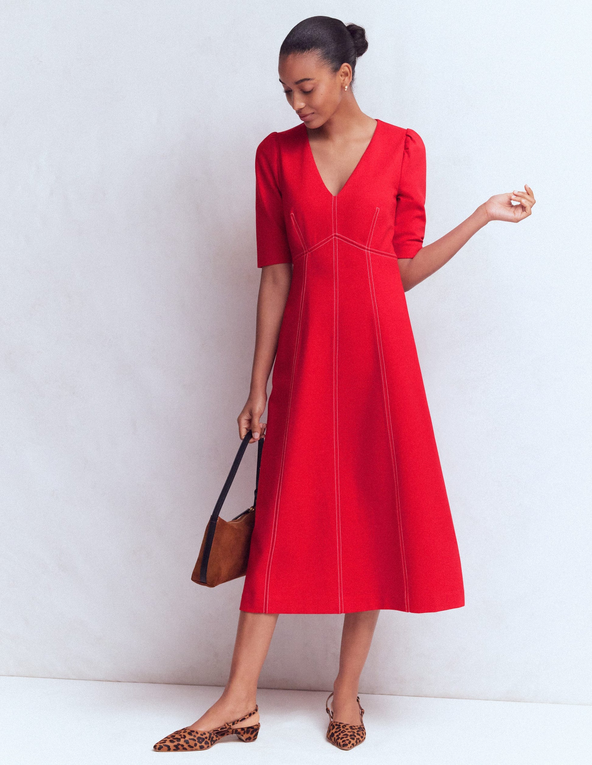 Puff Sleeve Ponte Midi Dress-Merida Red-1