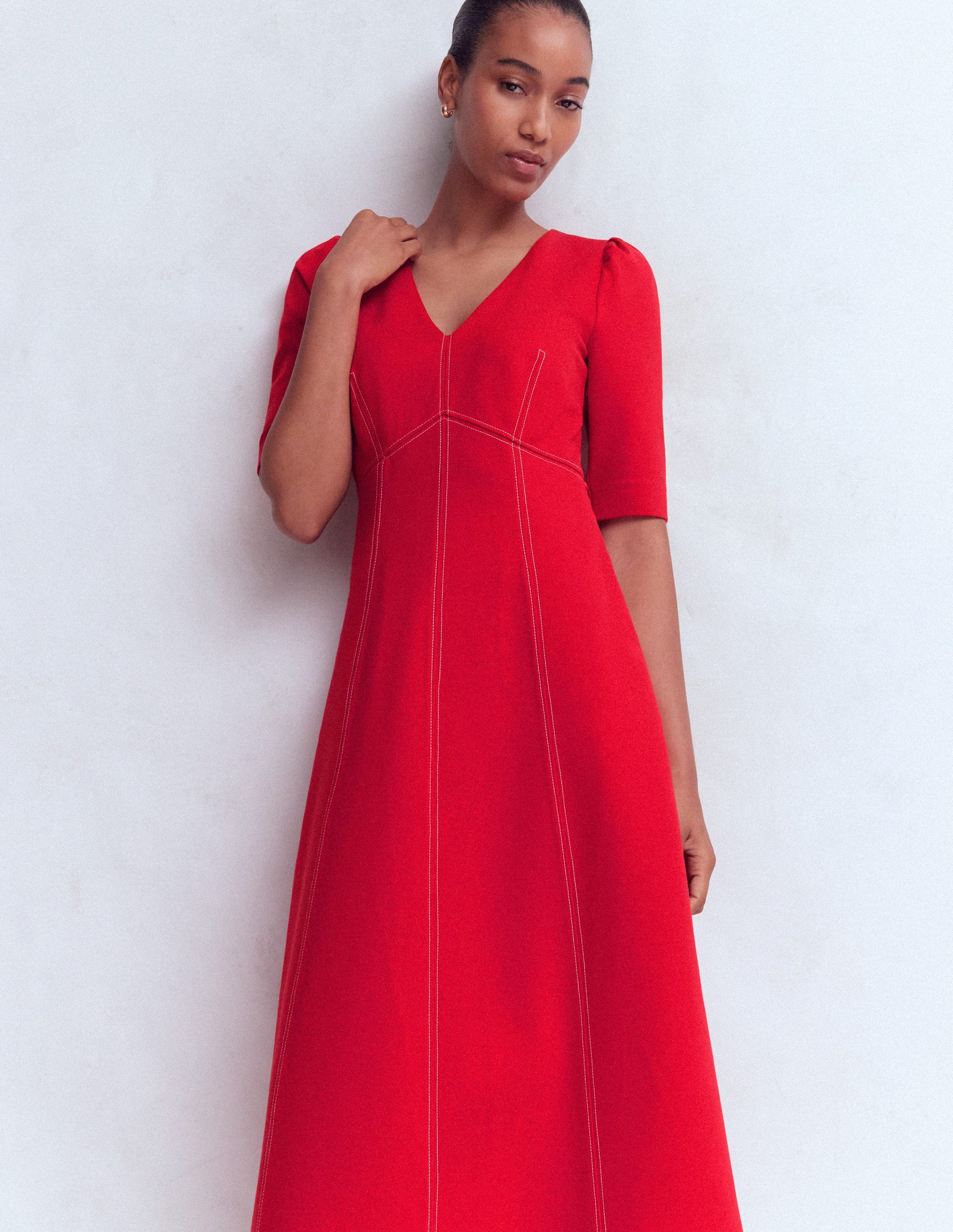 Puff Sleeve Ponte Midi Dress-Merida Red-4