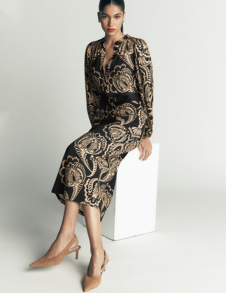 Eli Belted Jersey Midi Dress-Black, Flourishing Medley