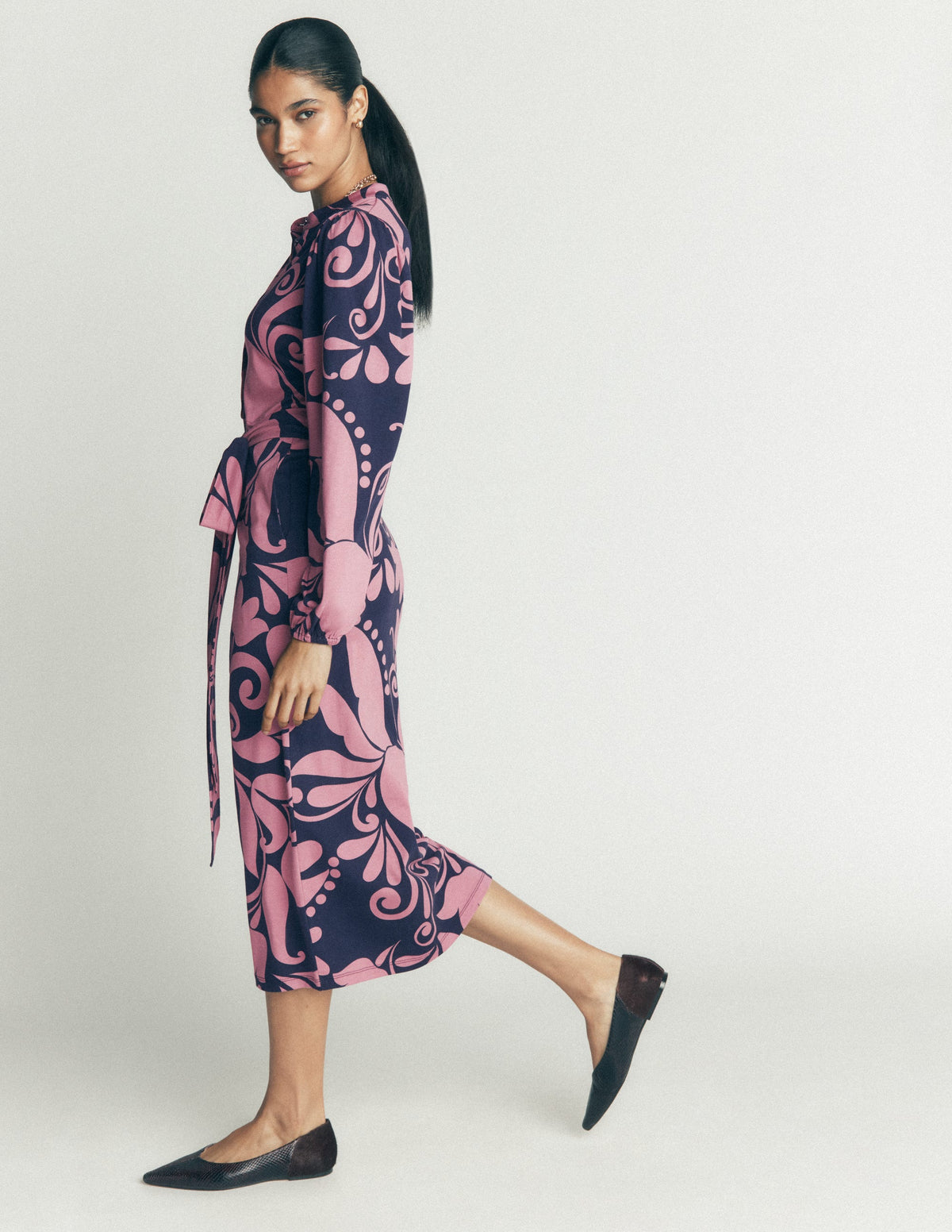 Eli Belted Jersey Midi Dress-Pink Heather, Floral Breeze-4