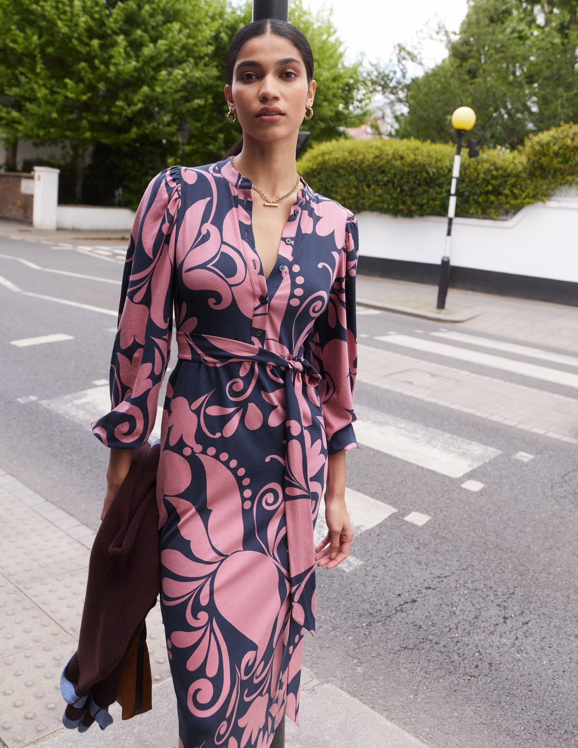 Eli Belted Jersey Midi Dress-Pink Heather, Floral Breeze - Image 1
