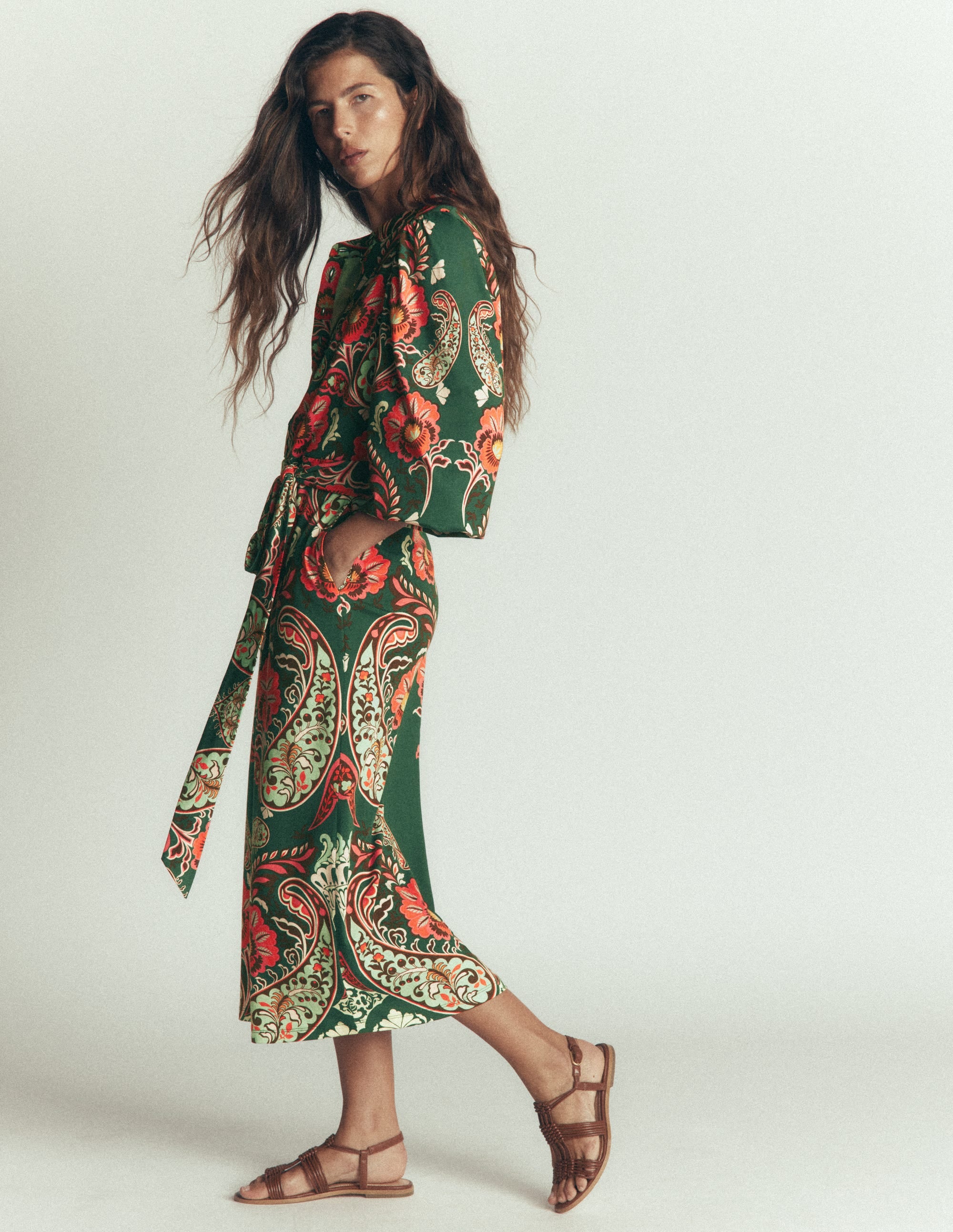 Eli Belted Jersey Midi Dress-Hunter Green, Bohemia Dream - Image 1