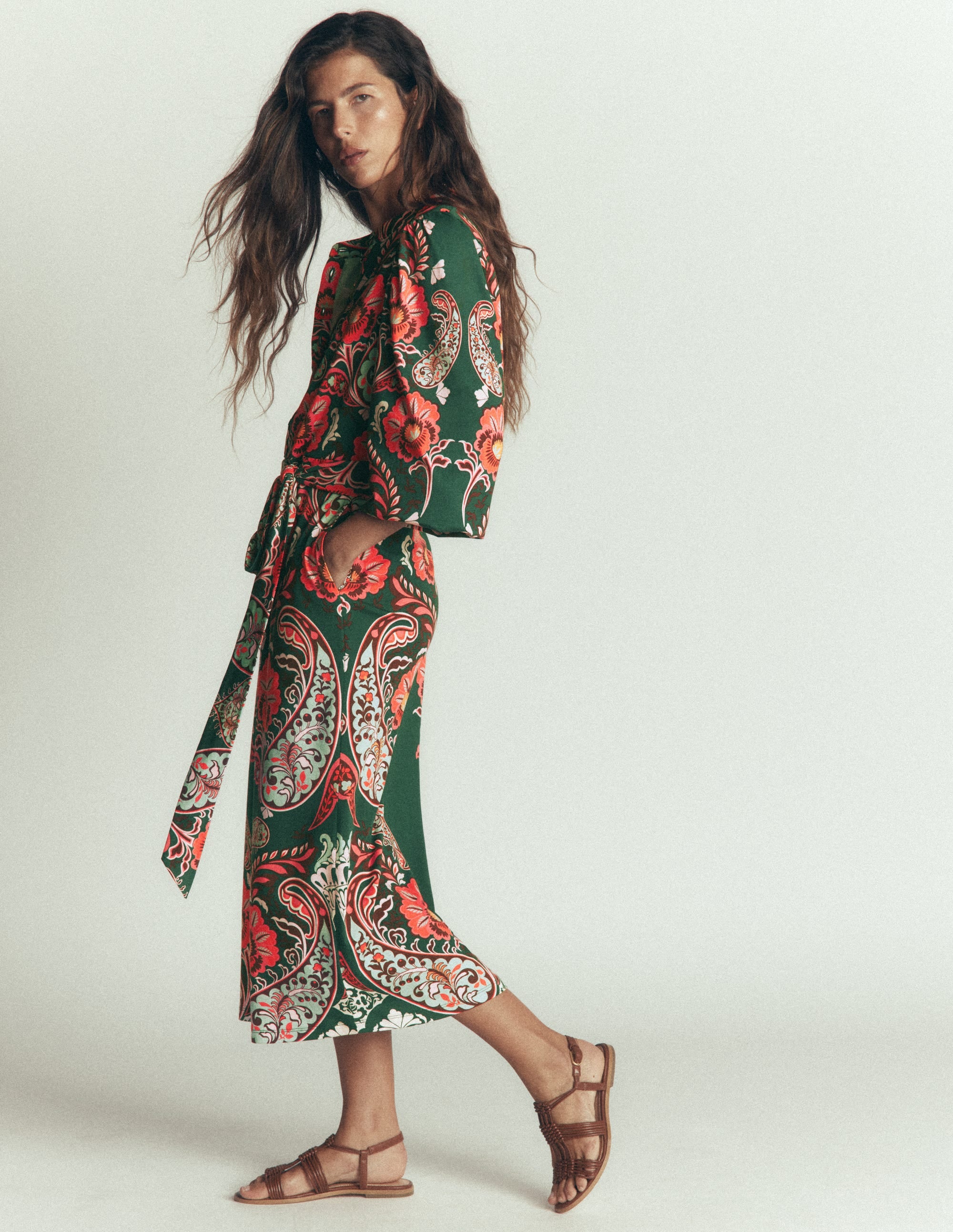 Eli Belted Jersey Midi Dress-Hunter Green, Bohemia Dream - Image 1