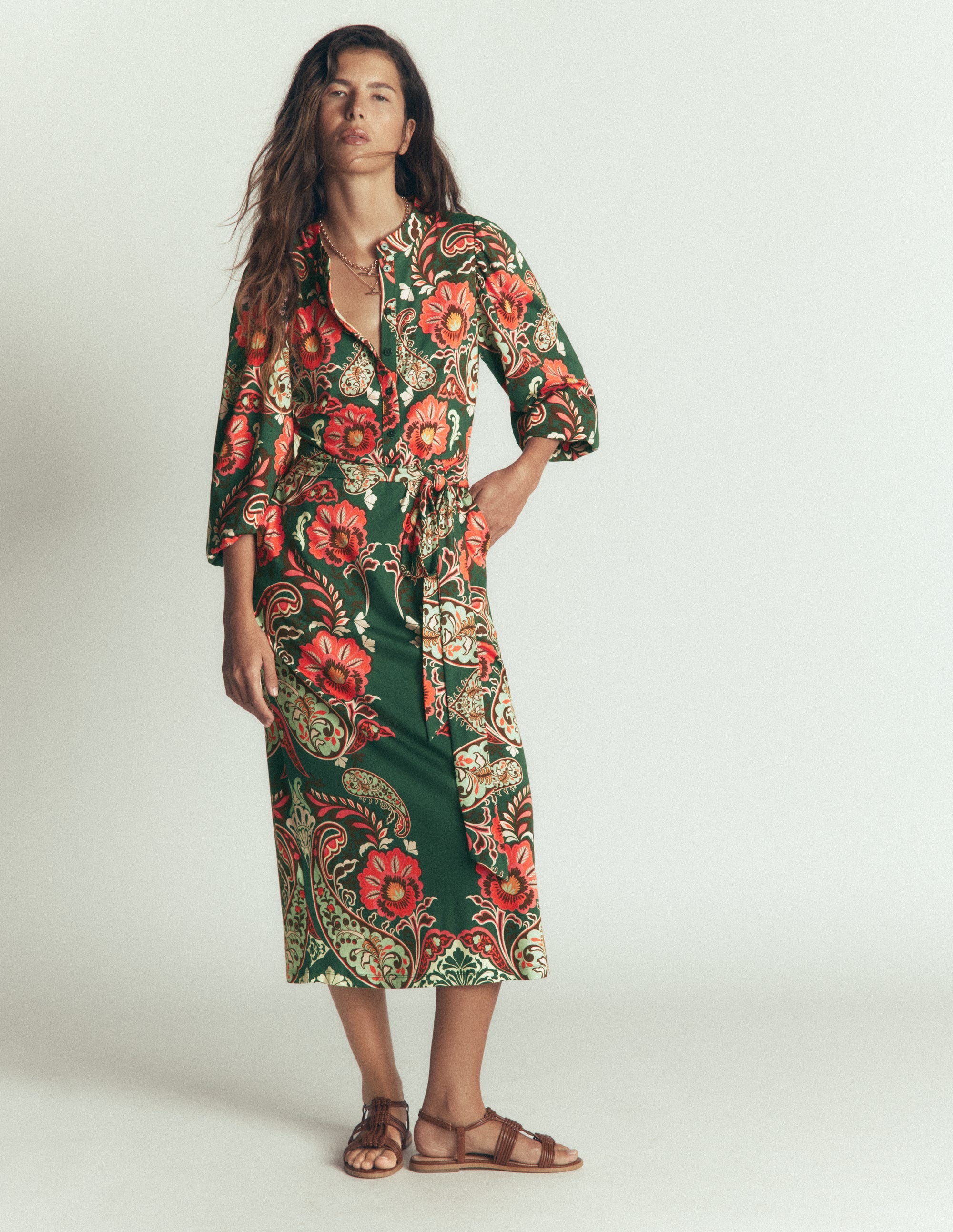 Eli Belted Jersey Midi Dress-Hunter Green, Bohemia Dream - Image 4