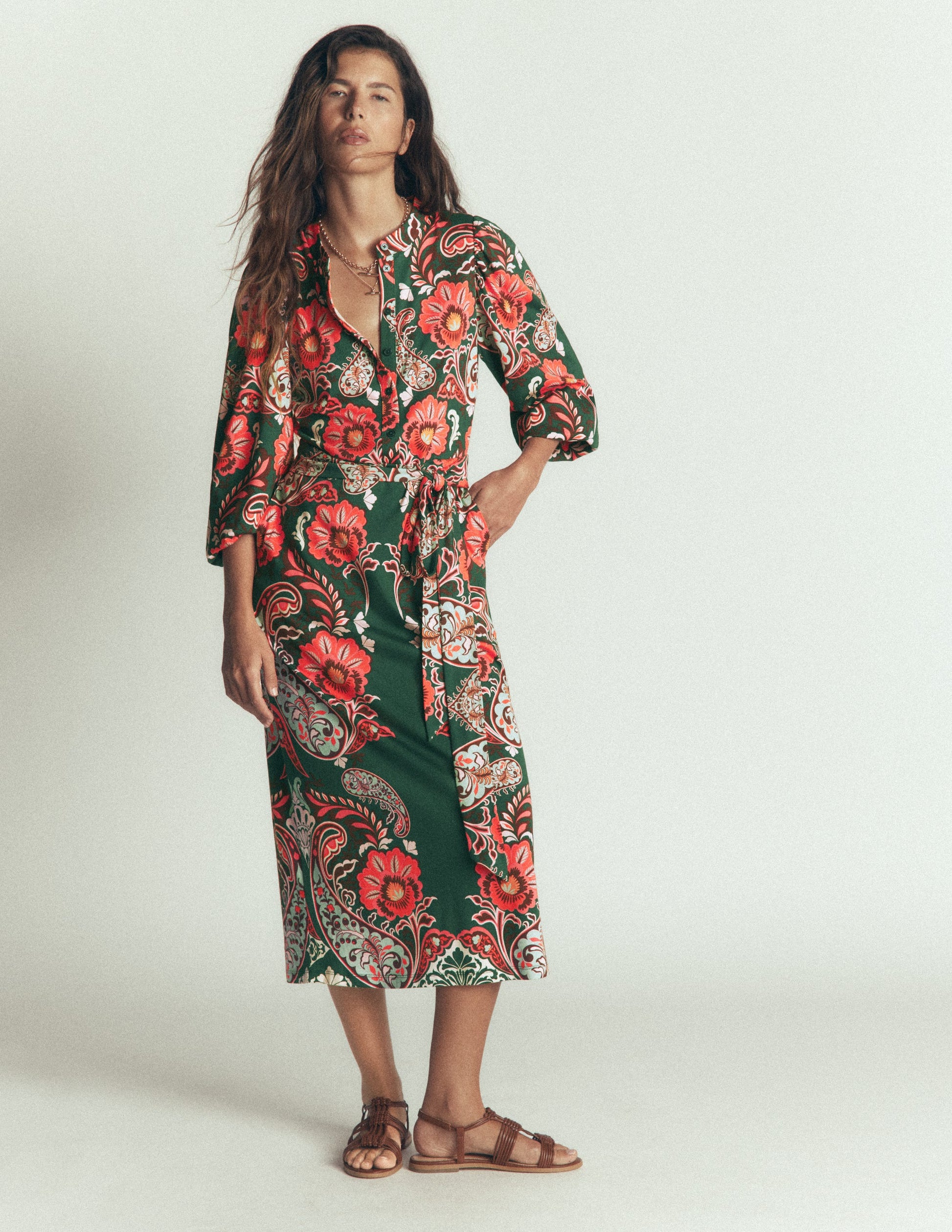 Eli Belted Jersey Midi Dress-Hunter Green, Bohemia Dream-4