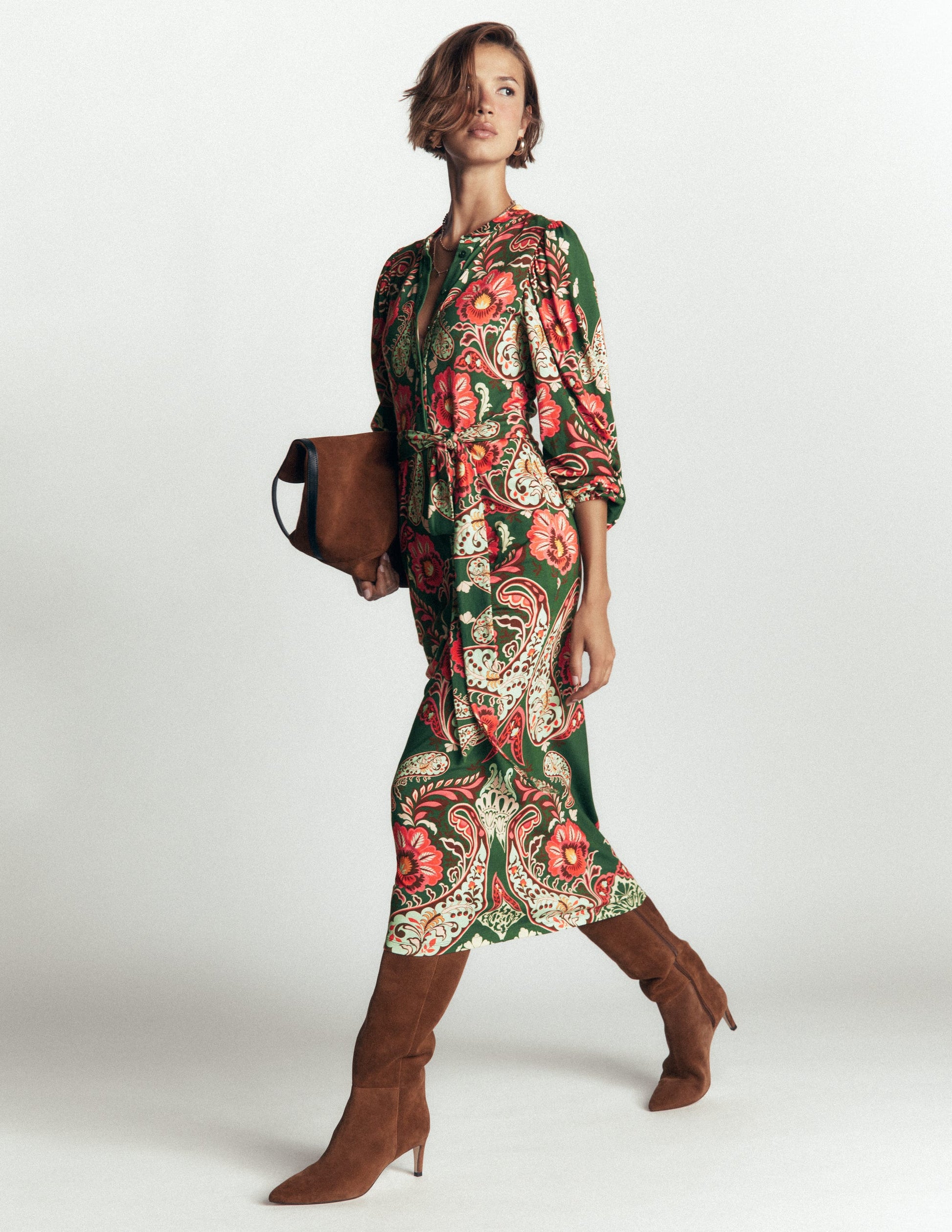Eli Belted Jersey Midi Dress-Hunter Green, Bohemia Dream-6