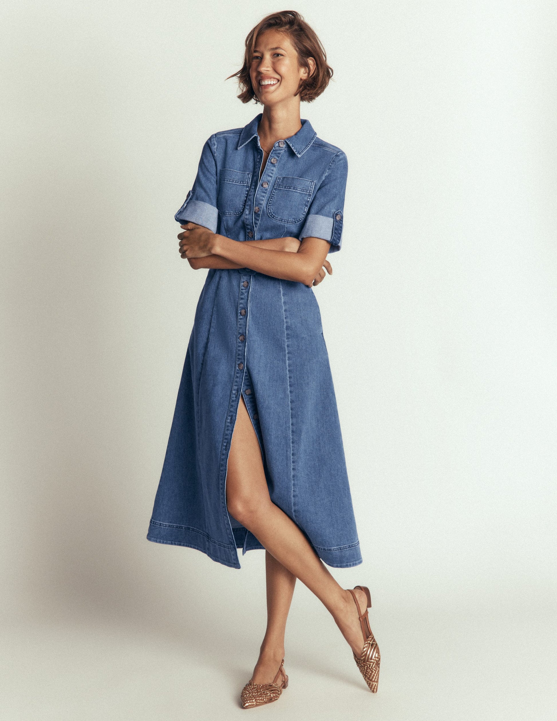 Denim Midi Shirt Dress-Light Vintage-1