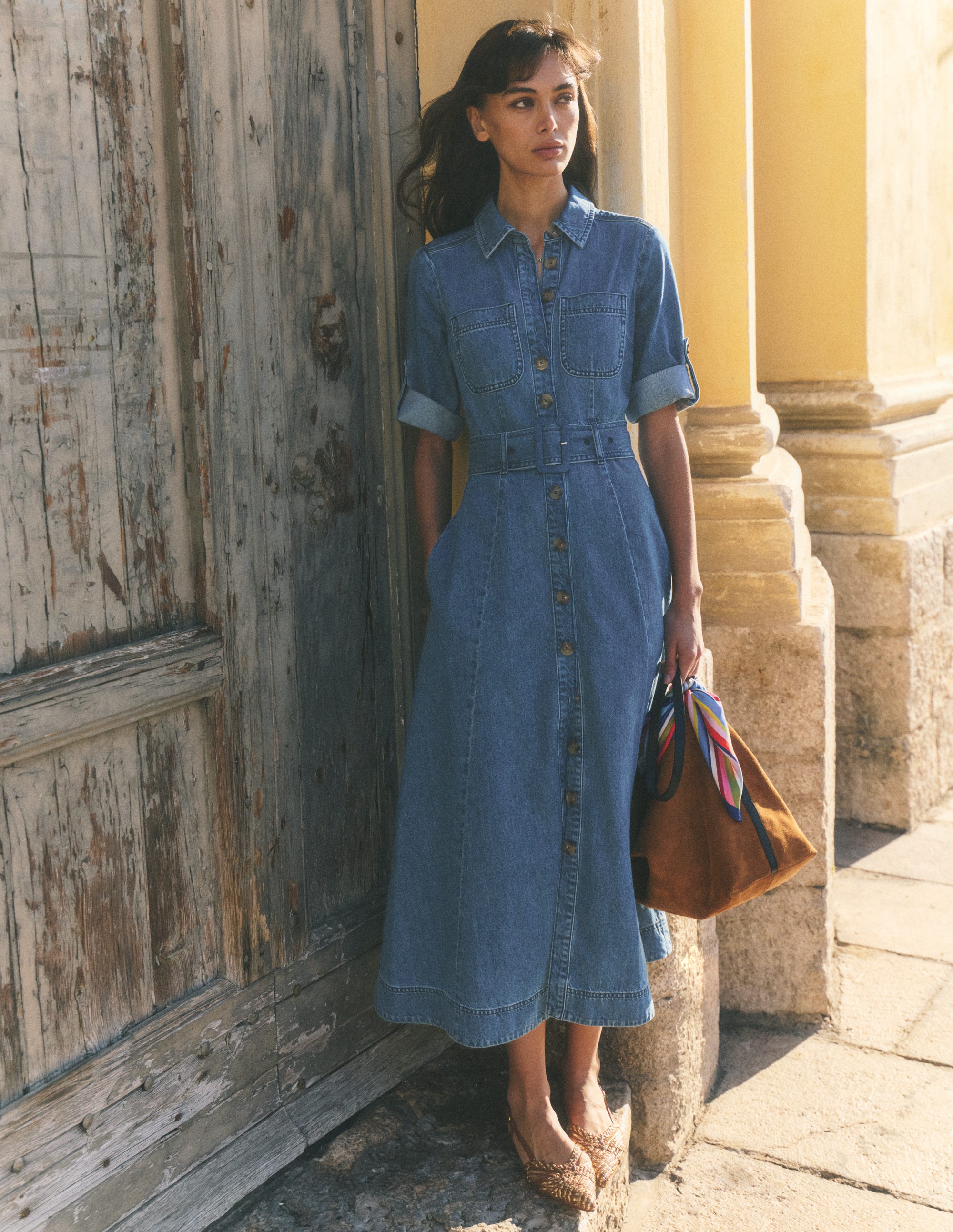Denim Midi Shirt Dress-Light Vintage - Image 6