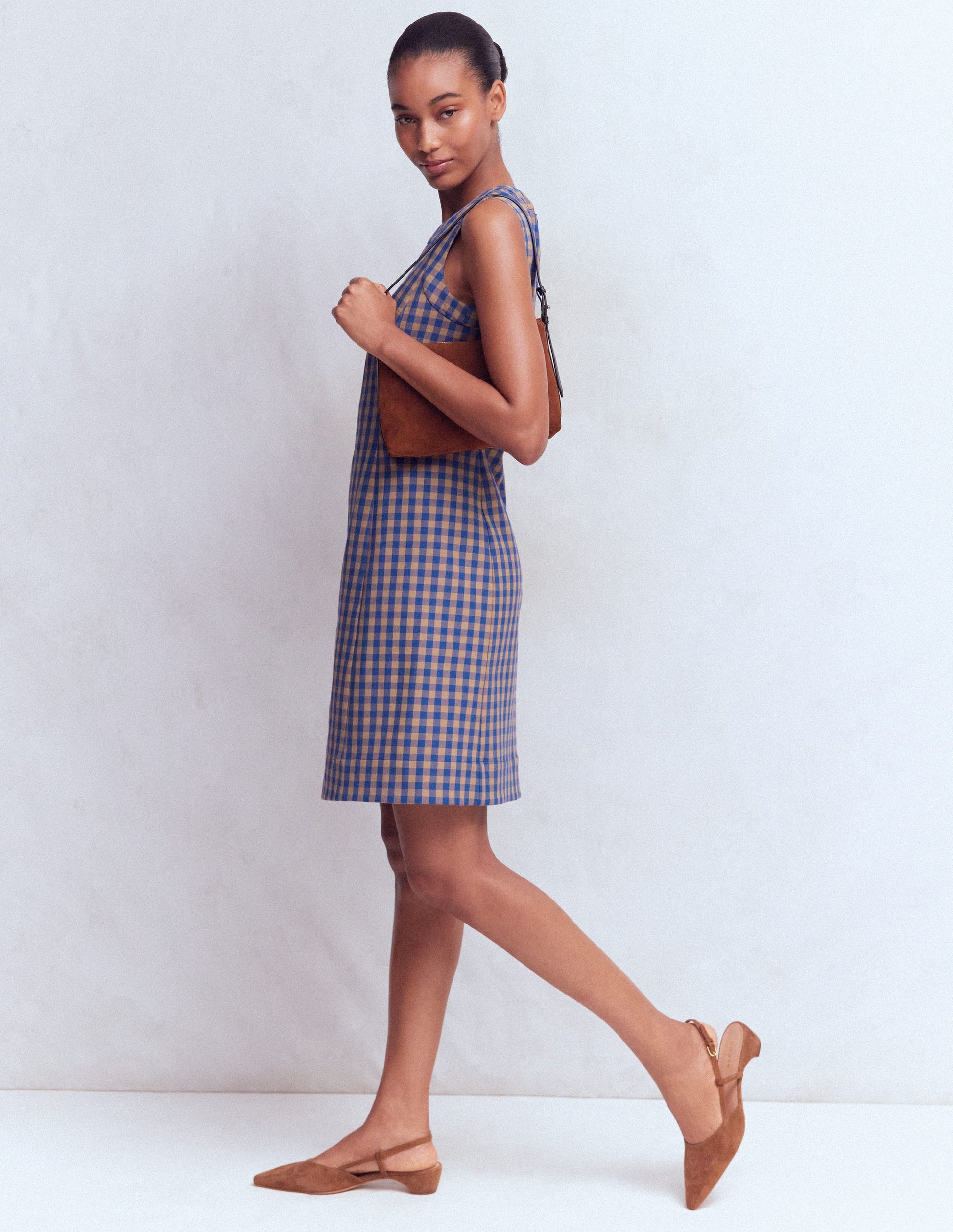 Lou Check Shift Dress-Camel, Blue Gingham-4